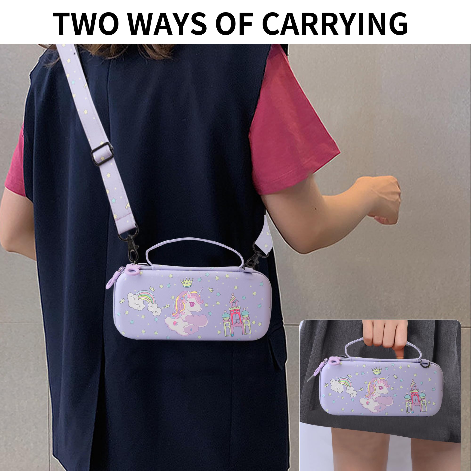 HYPERCASE Cute of Unicorn Étui de transport pour Nintendo Switch OLED, ensemble d'accessoires violets avec sac de voyage Switch, coque de protection rigide, protection d'écran, bandoulière et