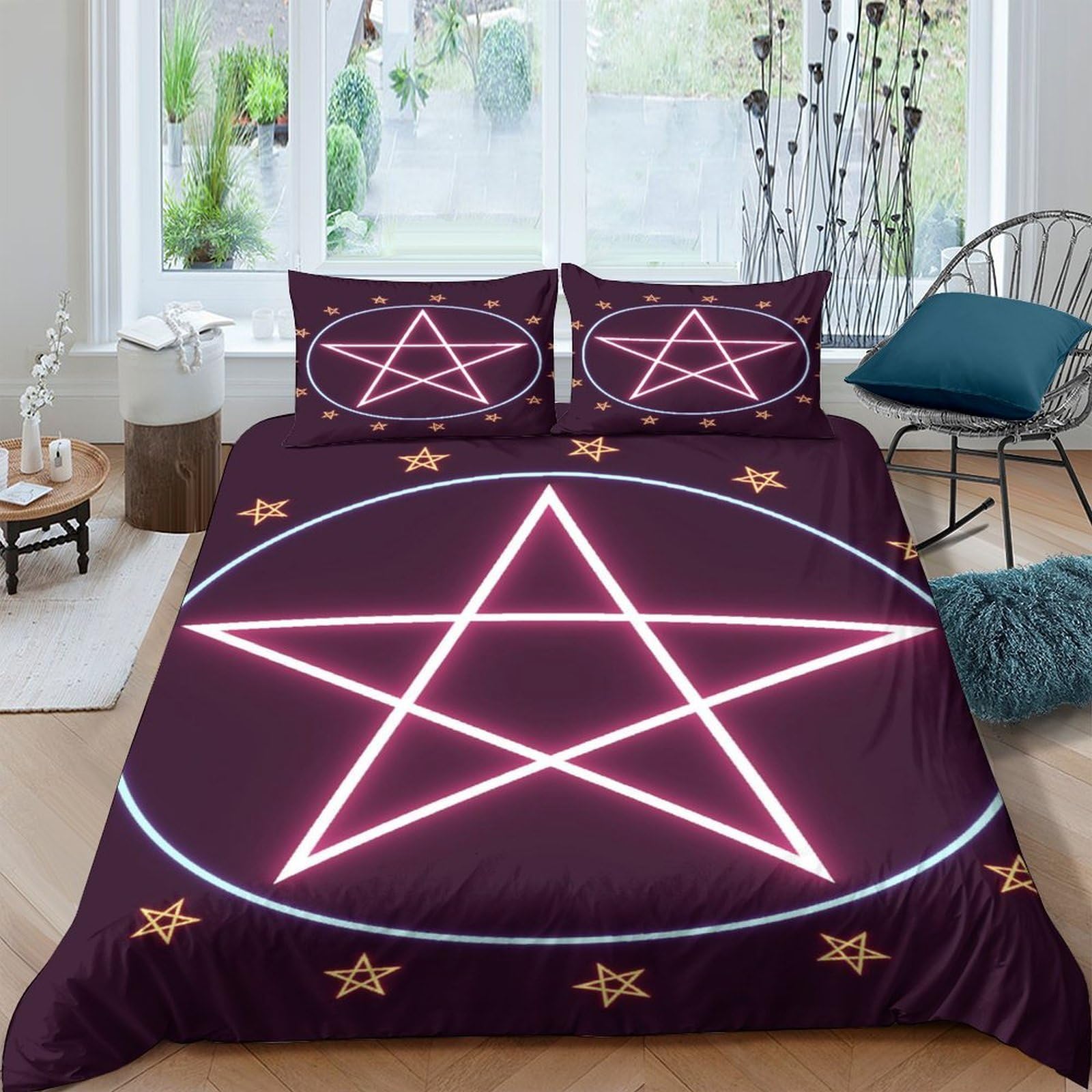 Ctjqhvkz Style-5 3D Printed Neon Pentagram Fitted Sheet Microfiber Soft Purple Bedroom Decor Star Pattern Mattress Cover Adult Teen Single（135X200cm）