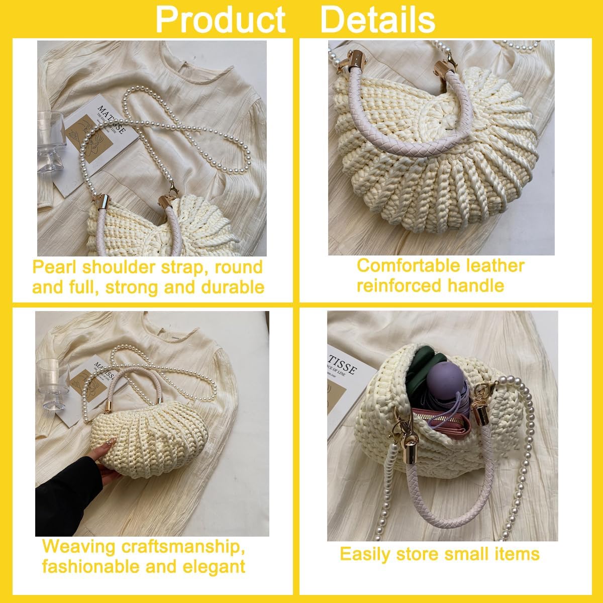 Handwoven Seashell Bag for Women Beaded Shell Purse Crochet Beach Bag Conch Shoulder Handbag with Pearl Strap Leather Handle - Image 4