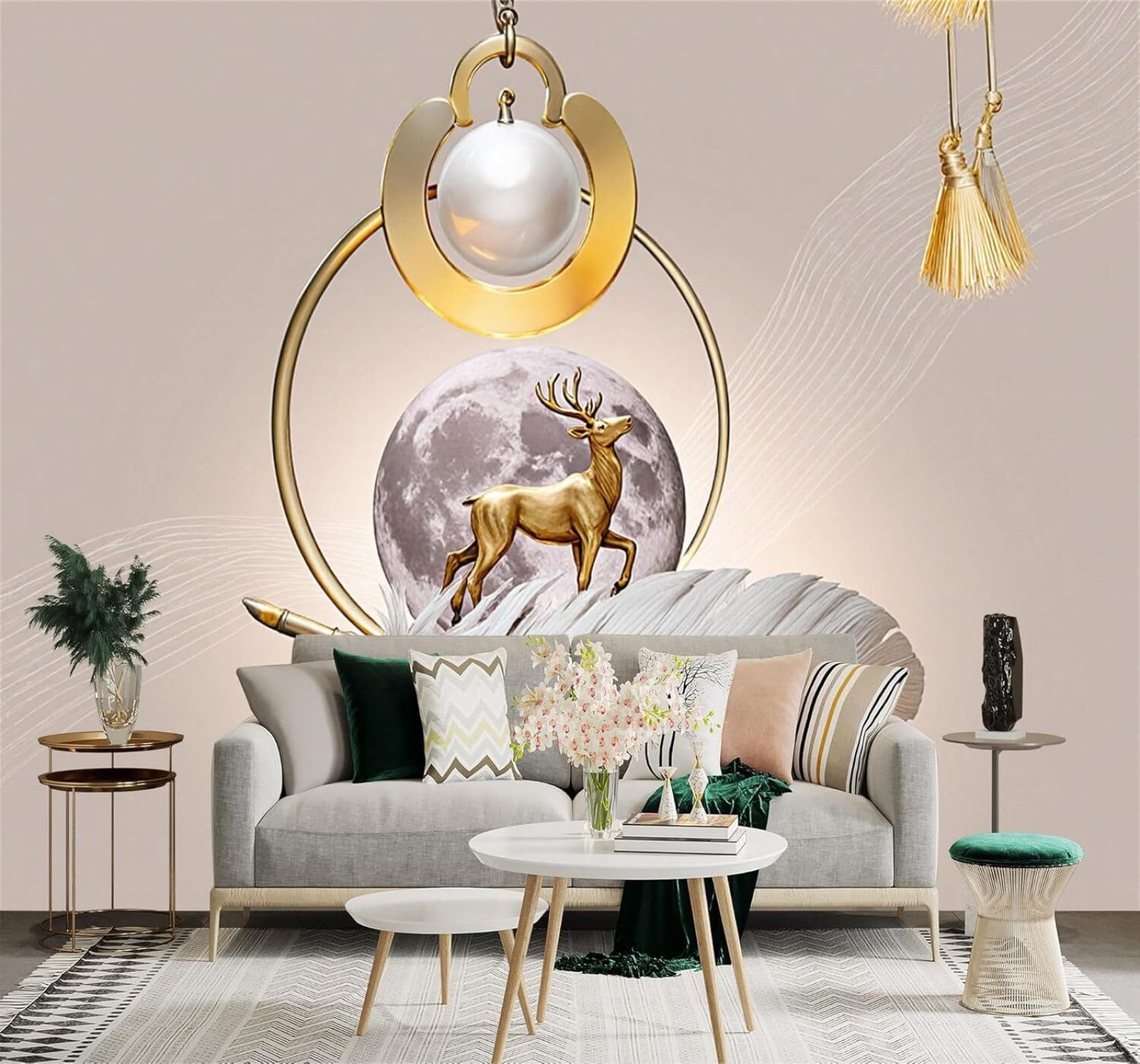 Xlming 150Cm×105Cm(B×H) Golden Deer Feathers Full Moon Art Metallic Style 3D Wallpaper Silky Texture Home Study Office Grey Dining Room Sofa Bedroom Living Room Tv Backdrop-150Cm×105Cm