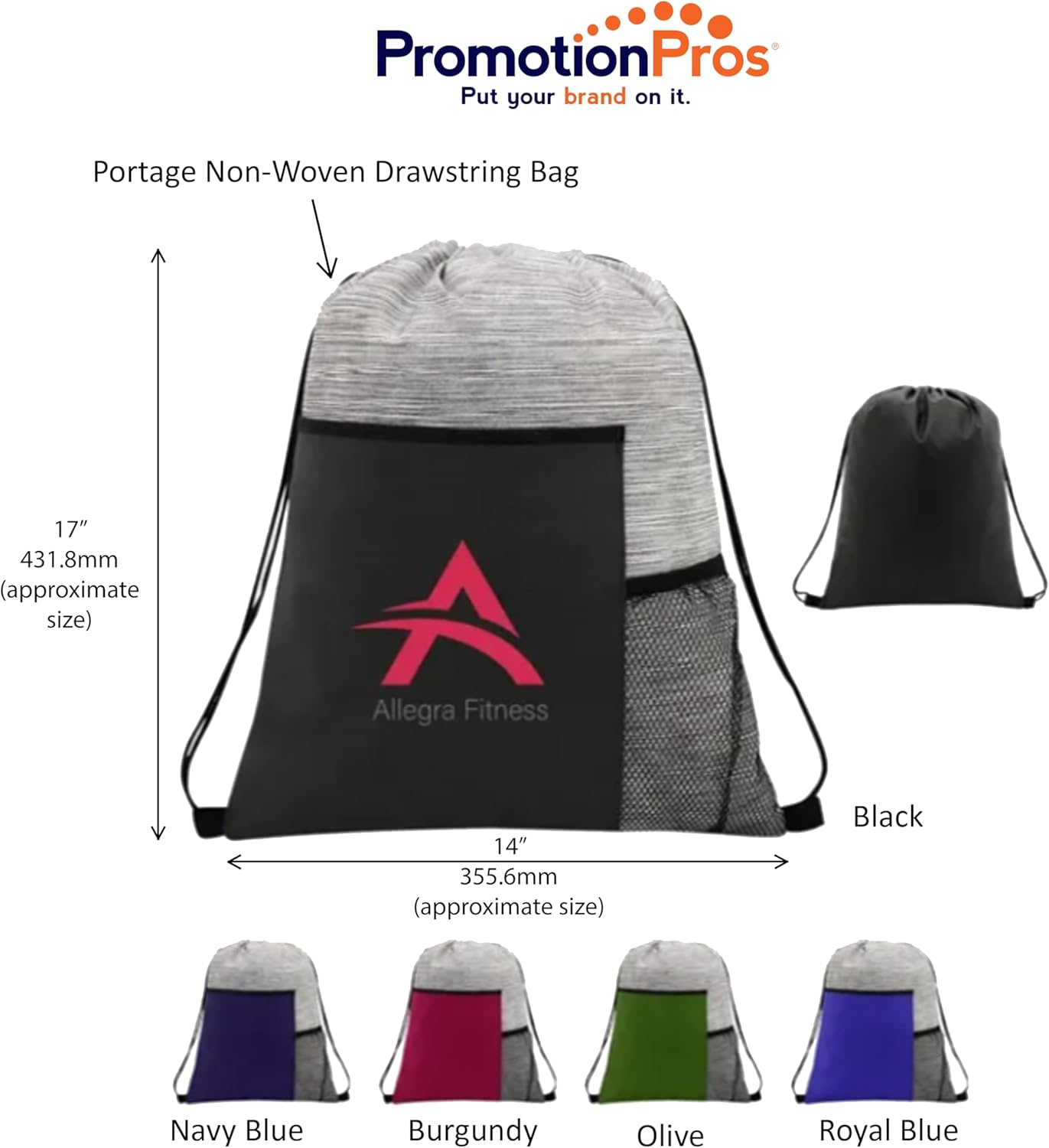 Polyester Drawstring Sports Backpack with Front Pocket Customize with Image $3.80 Each - Sold in Pack of 250- BLACK