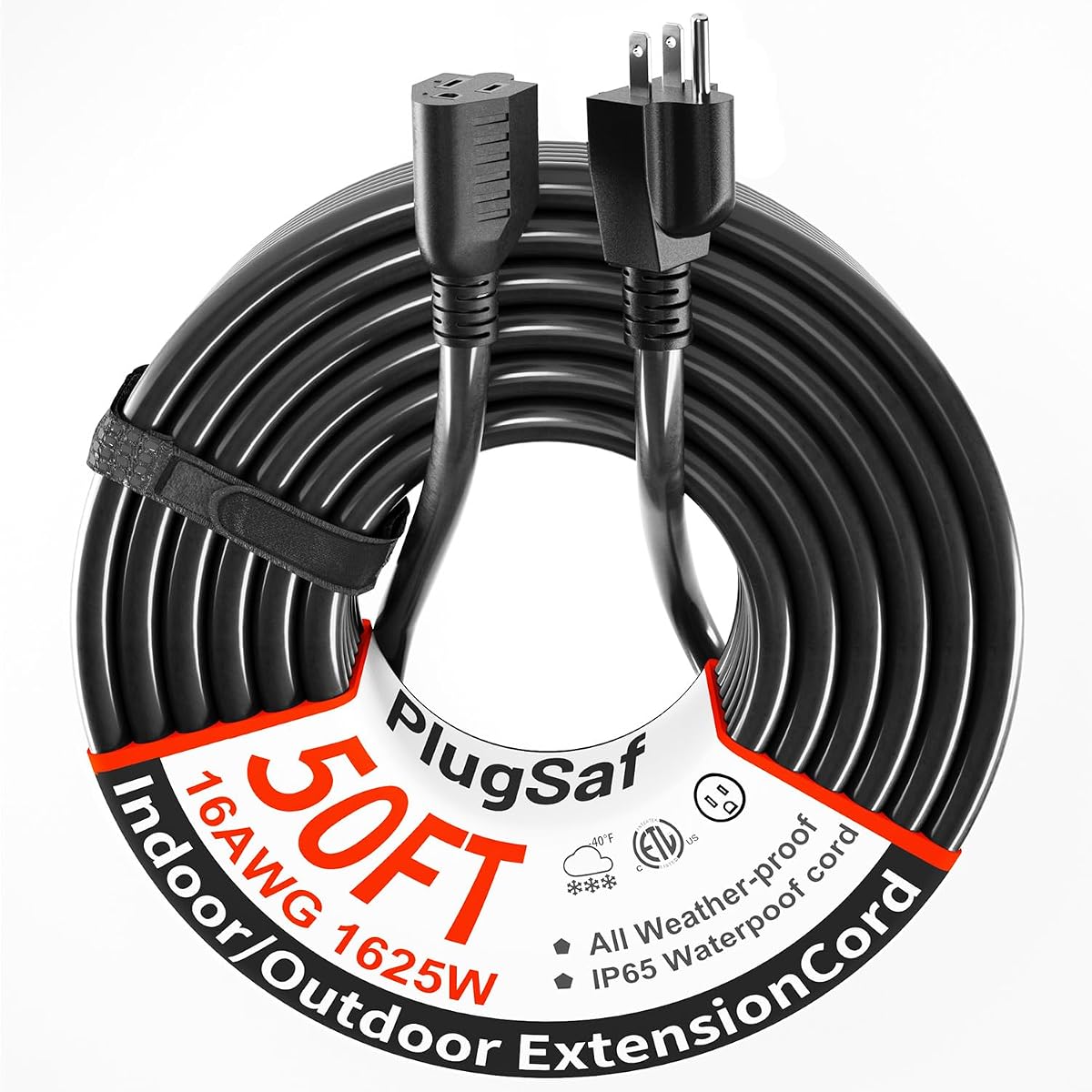 PlugSaf 16 Gauge 50 FT Black Outdoor Extension Cord Waterproof | Waterproof, Cold Weatherproof -58°F, Flame Retardant, 3 Prong Extension Cord Outside for Lawn Office, 13A 1625W, ETL Listed