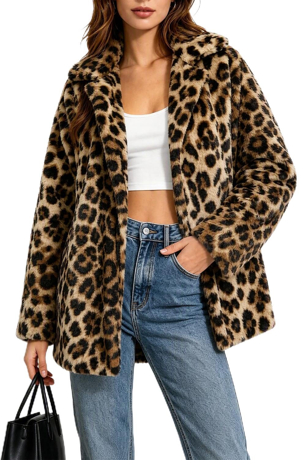 Damen Kunstfelljacke Leopardenmuster Flauschig Warm Oversized