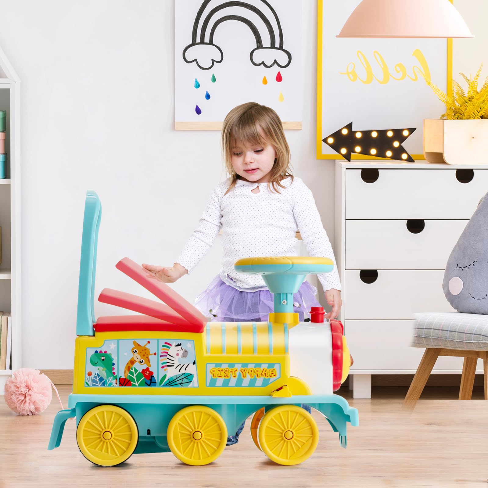 RELAX4LIFE 2 in 1 Macchina Elettrica per Bambini e Trenino Elettrico per Bambini con 16 Pezzi di Binari, Musica, Luci, Pedali Retrattili, 2 Anni+ (BLU 3)