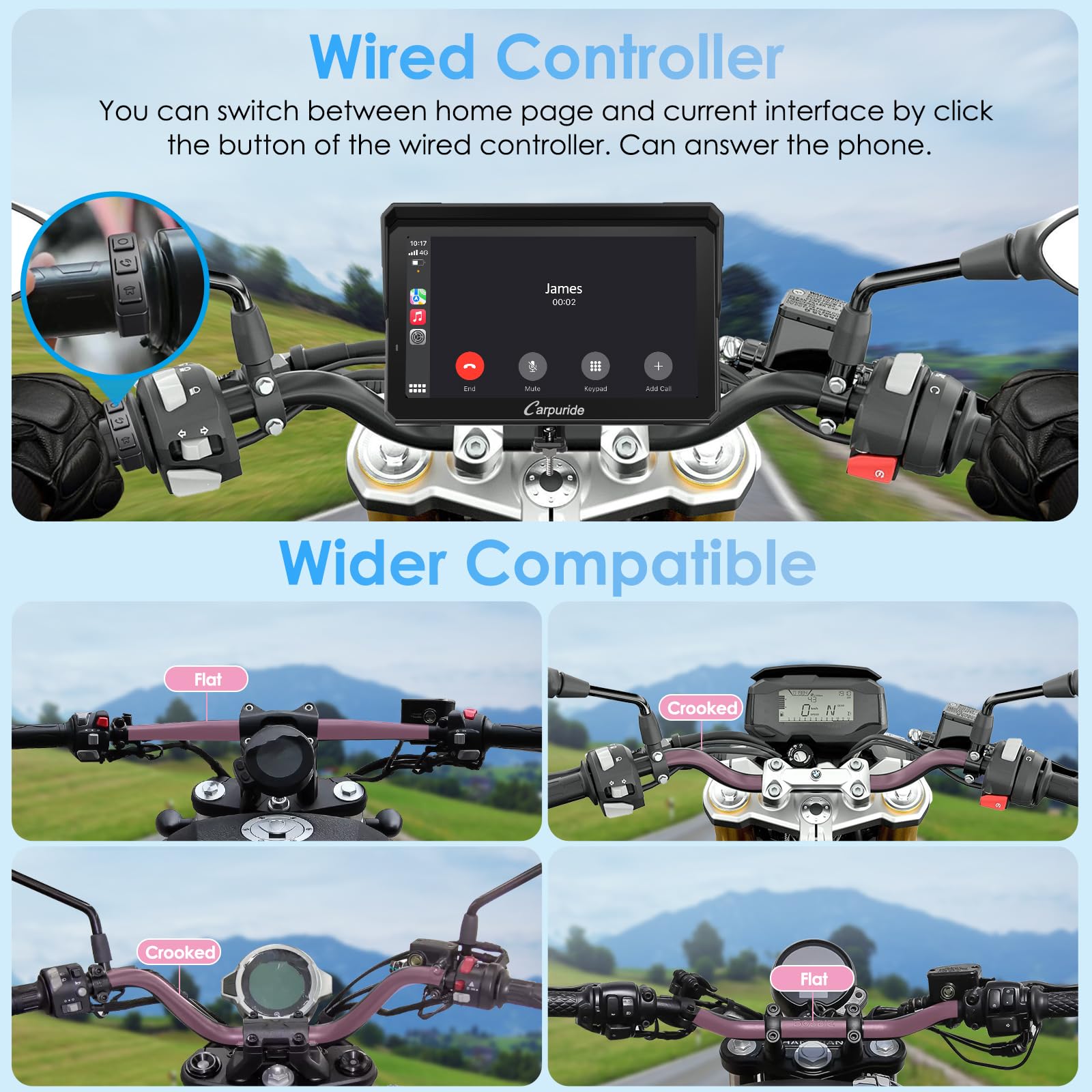 2025 Carpuride W702S PRO Motorcycle GPS Wireless Carplay/Android Auto, 7" Waterproof Motorbike Touch Screen, with BM05 Mount, Bluetooth Trans, Wired Controller, Navigation