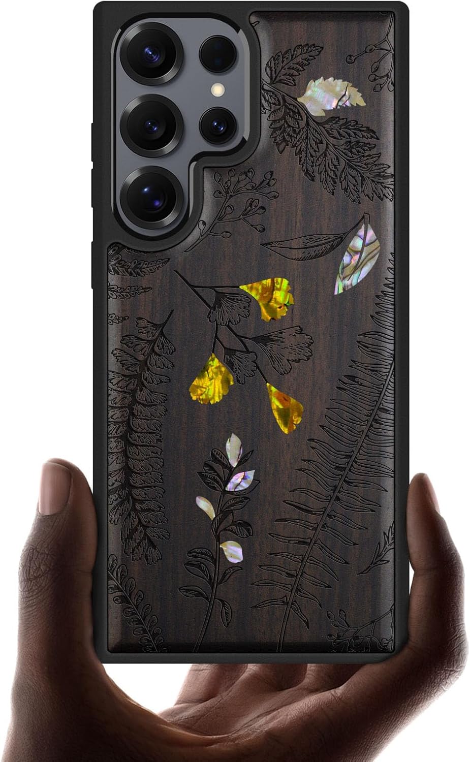 Carveit Magnetic Wooden Case for Samsung Galaxy S25 Ultra Case, Wood Artisan Engraved & Handmade Shell Inlaid, Compatible with MagSafe Wireless Chargers (Vintage Mushrooms) Blackwood