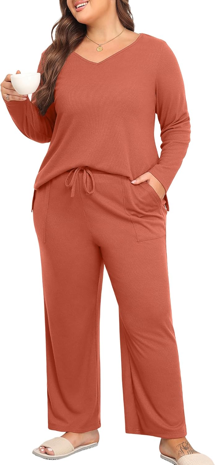 Women's Plus Size 2 Piece Pajama Lounge Sets Knit Outfits Long Sleeve V Neck Tops Wide Leg Pants with Pockets