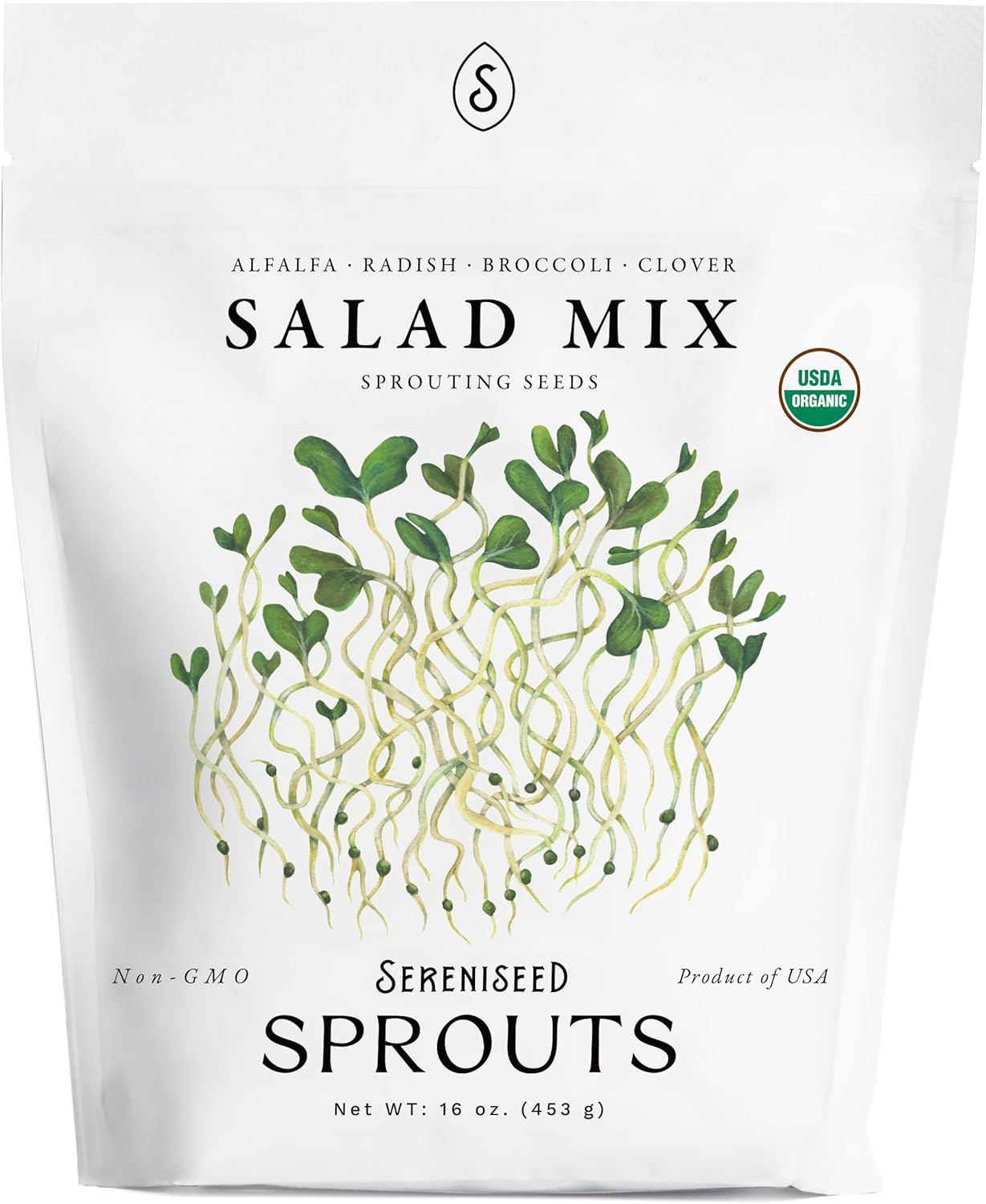 Sereniseed Organic Salad Mix Sprout Seeds 16oz - Non-GMO Alfalfa, Radish, Broccoli, Clover for Microgreens & Sprouting