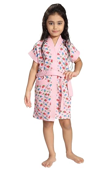 Be You Kids Cotton Printed Bath Gown/Bath Robe for Girls - Pink - Large