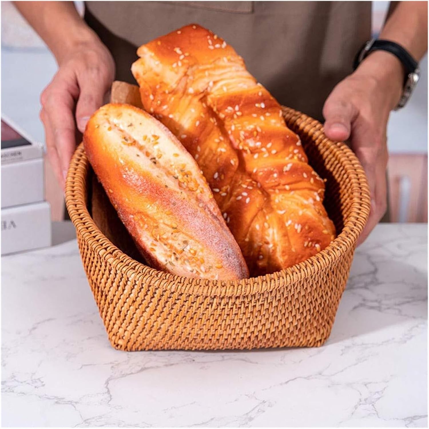 Handwoven Rattan Basket - Wicker Bread Tray for Serving Fruits, Vegetables, Snacks & Candy - Multipurpose Storage Bowl for Kitchen & Dining Decor(Centre)