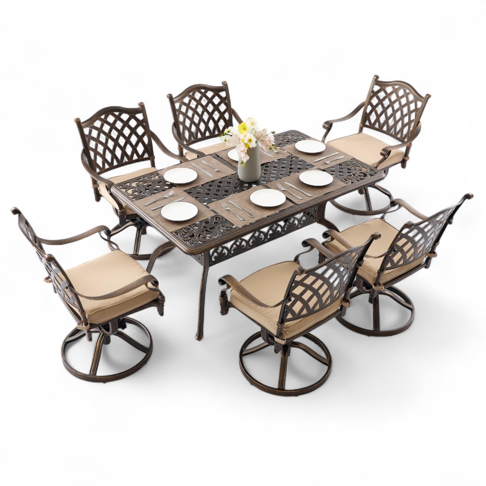 7 Piece Outdoor Dining Set Cast Aluminum Furniture Set，Retro Patio Dining Set for 6 Includes 59” Table and 6 Swivel Chairs with Cushions and 2"
