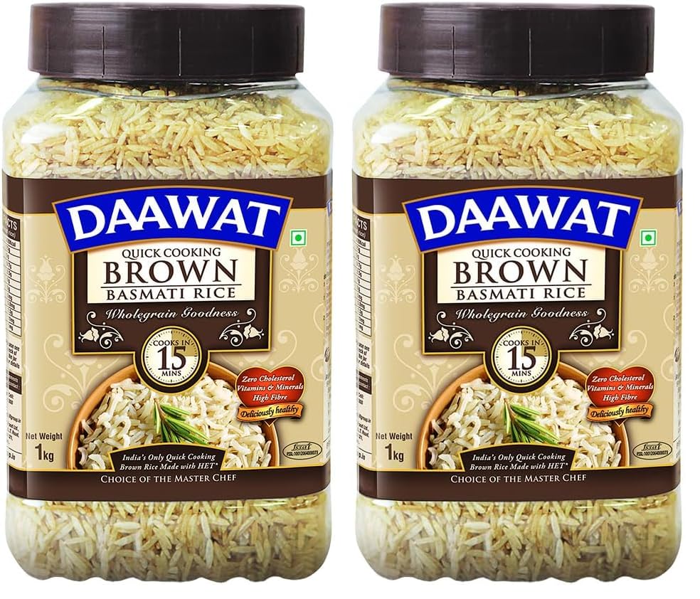 Image of Daawat Brown, Cooks in 15-minute, Full Bran Intact, Fibre-Rich Basmati Rice Jar, 1 Kg (Pack of 2)