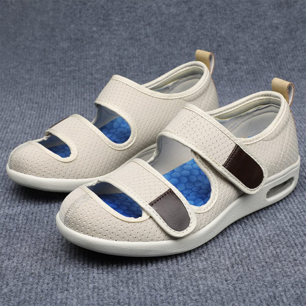 Buty dla kobiet z cukrzycą haluksy ortopedyczne regulowane bardzo szerokie męskie buty dla starszych spuchniętych stóp luźne buty na zapalenie stawów obrzęk opuchnięte (Beige 37.5EU)