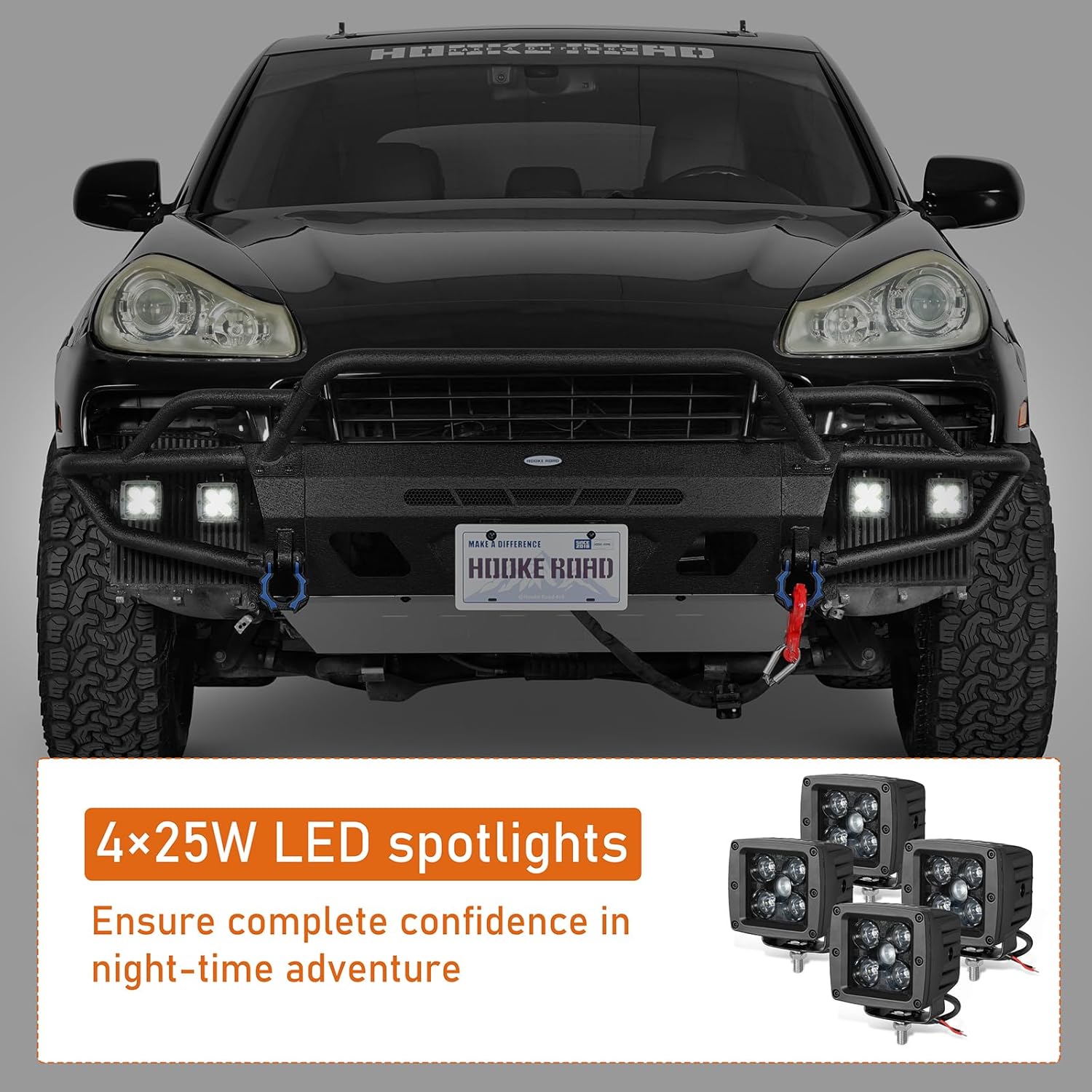 Hooke Road ExplorerX Front Bumper w/Bull Bar for 2008 2009 2010 Porsche Cayenne 957, Offroad Steel Tubular Bumper with Winch Plate, Skid Plate, LED Lights, D-Ring Mounts