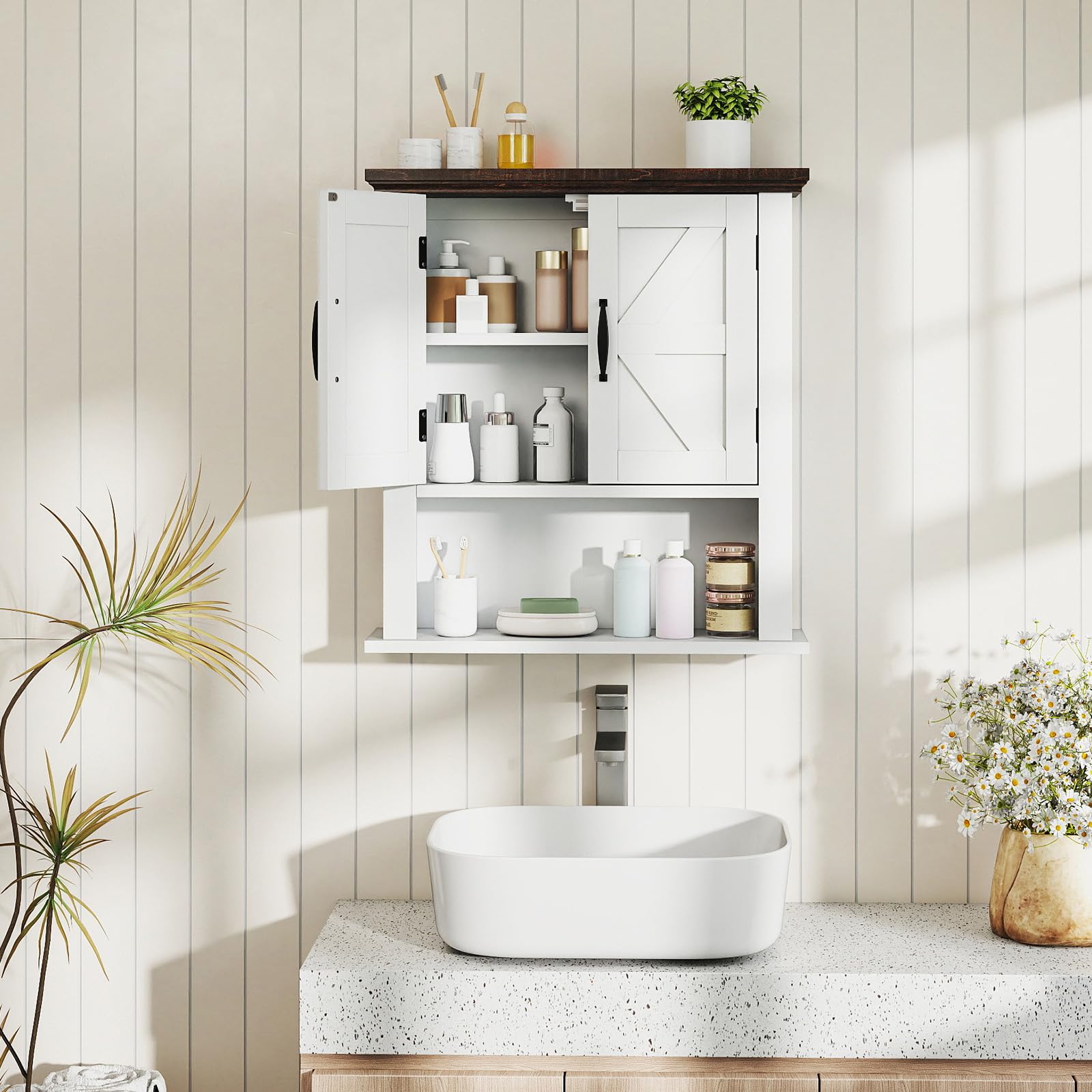 COSTWAY Armoire Murale Salle de Bain, Meuble WC Suspendu avec 2 Portes, Étagère Réglable, Compartiment Ouvert, Style Ferme, Placard de Rangement pour Toilette, Salon, 55 x 19 x 60 cm (Blanc)