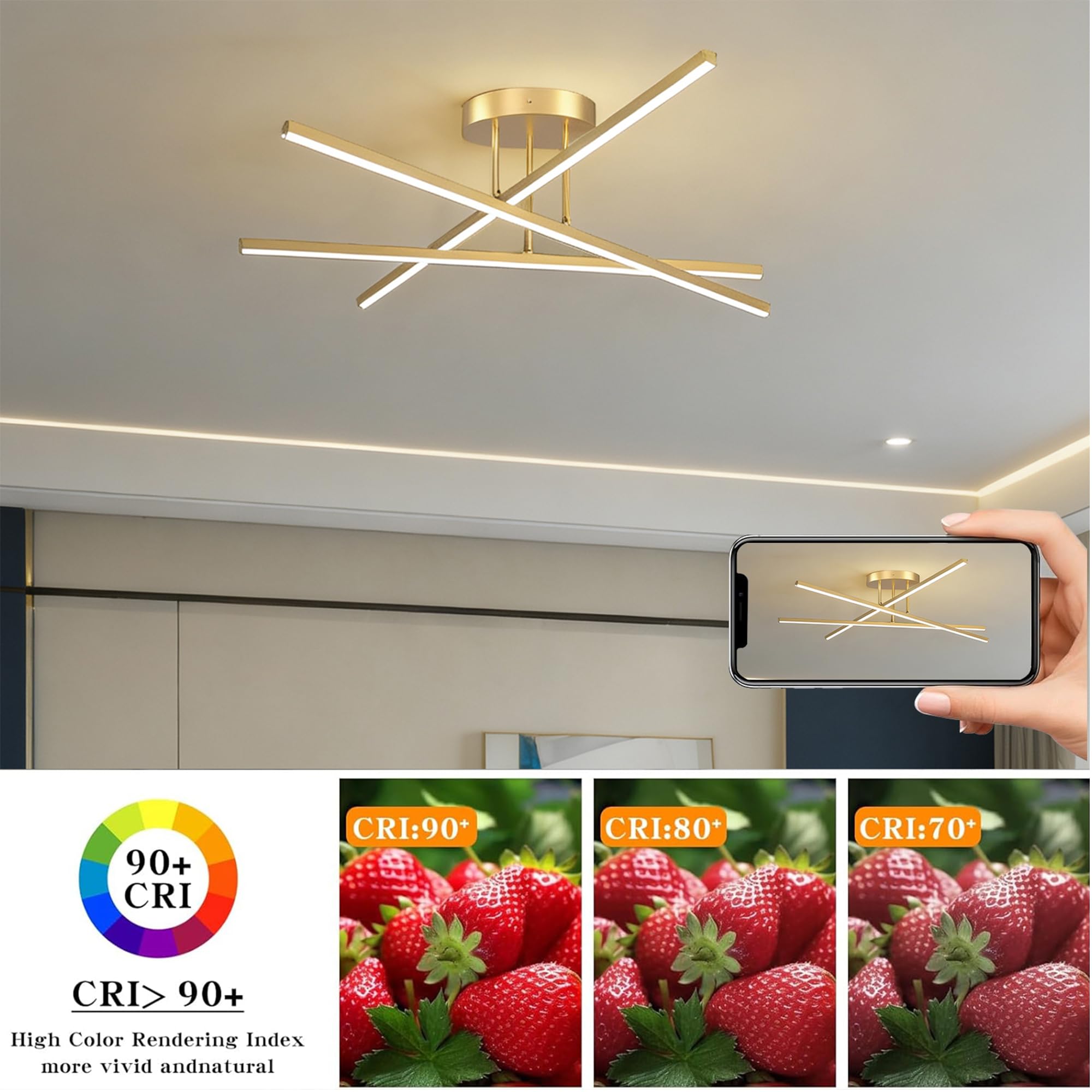Lámpara de techo LED cruzada 60cm dorada 24W luz blanca cálida 3000K, plafón minimalista 2400lm para salón cocina comedor pasillo oficina
