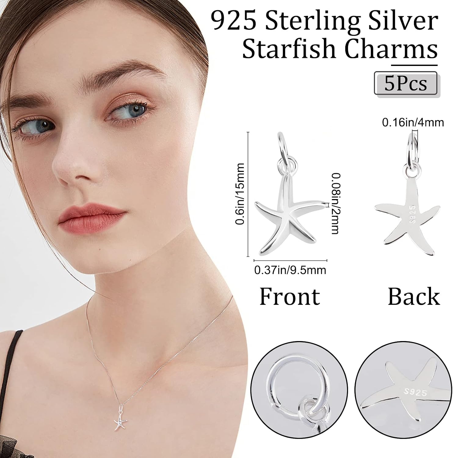 Beebeecraft 5Pcs Starfish Pendant Charm 925 Sterling Silver Beach Sea Stars Summer Hawaii Charm Pendants with Jump Rings 15x9.5x2mm for Jewellery Bracelet Necklace Making Supplies - Image 3
