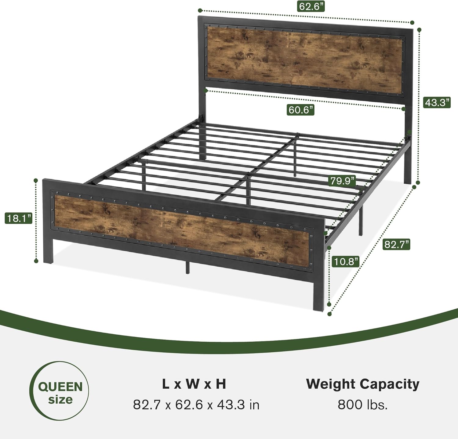 MUTICOR Queen Bed Frame with Wooden Headboard, Industrial Style Platform with Rivets Decoration & Grey Smooth Design, Heavy-Duty Strong Metal Foundation, No Box Spring Needed, Fleck Wood