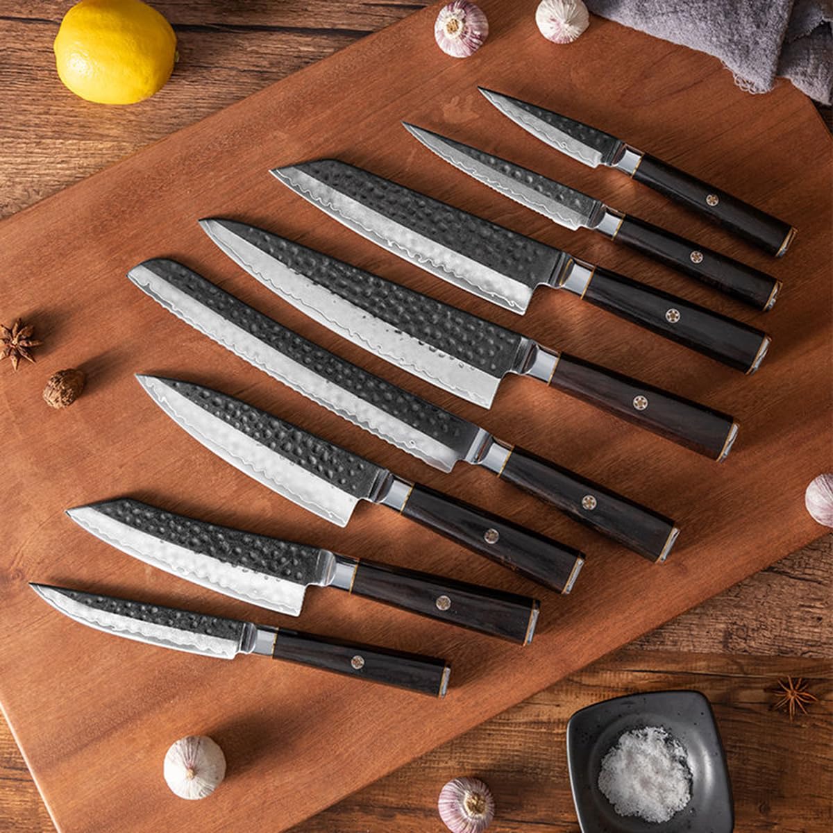 Kitchen Utensils Damascus Knife Block Set 8 Piece Chef Knife Hammered blade face and ebony handle Damascus steel