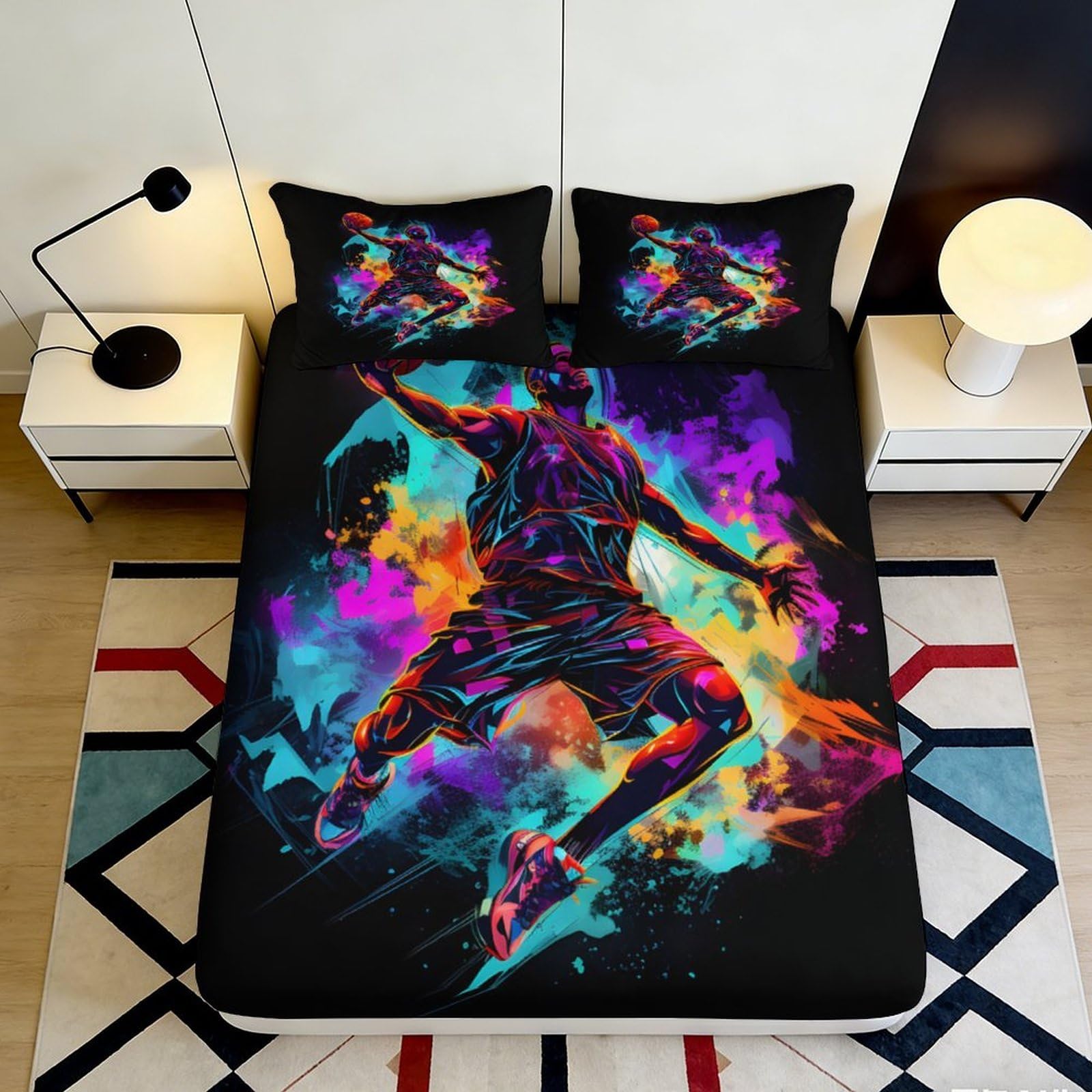 3D Printed Graffiti Basketball Fitted Sheet Microfiber Vibrant Player Mattress Cover for Bedroom Decor Dorm 90x200x25cm