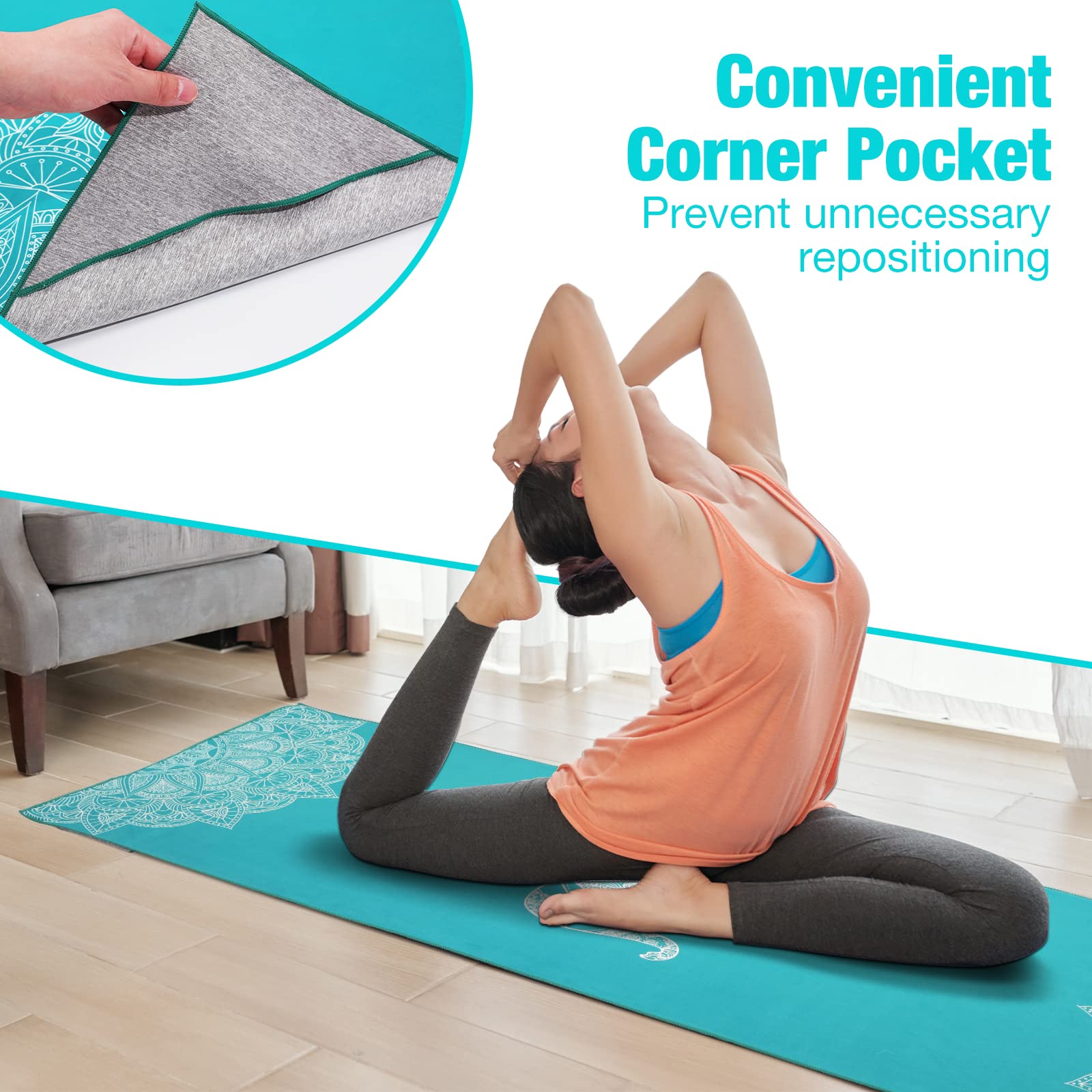 MoKo Asciugamano per Yoga, Tappetino da Yoga Caldo Antiscivolo Telo da Yoga Morbido Asciugamano Stampato Ideale per Hot Yoga, Pilates e Allenamento Bikram Allenamento in Palestra