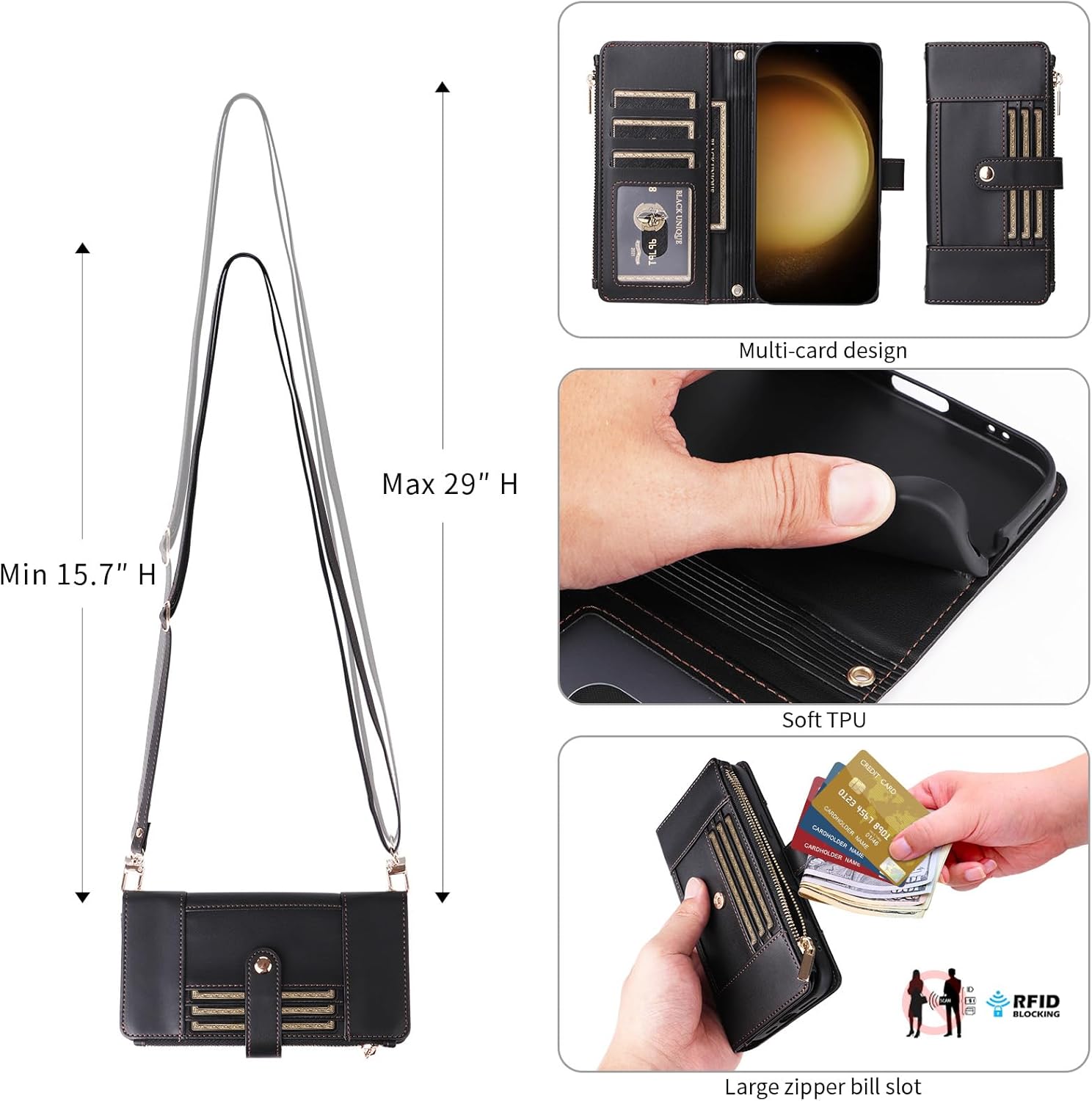 Asuwish Phone Case for Samsung Galaxy S23 Plus S23+ 5G Wallet Cell Cover with Screen Protector RFID Blocking Crossbody Strap Flip Card Holder S23plus 23S + S 23 23+ SM-S916U 6.6 inch Women Men Black