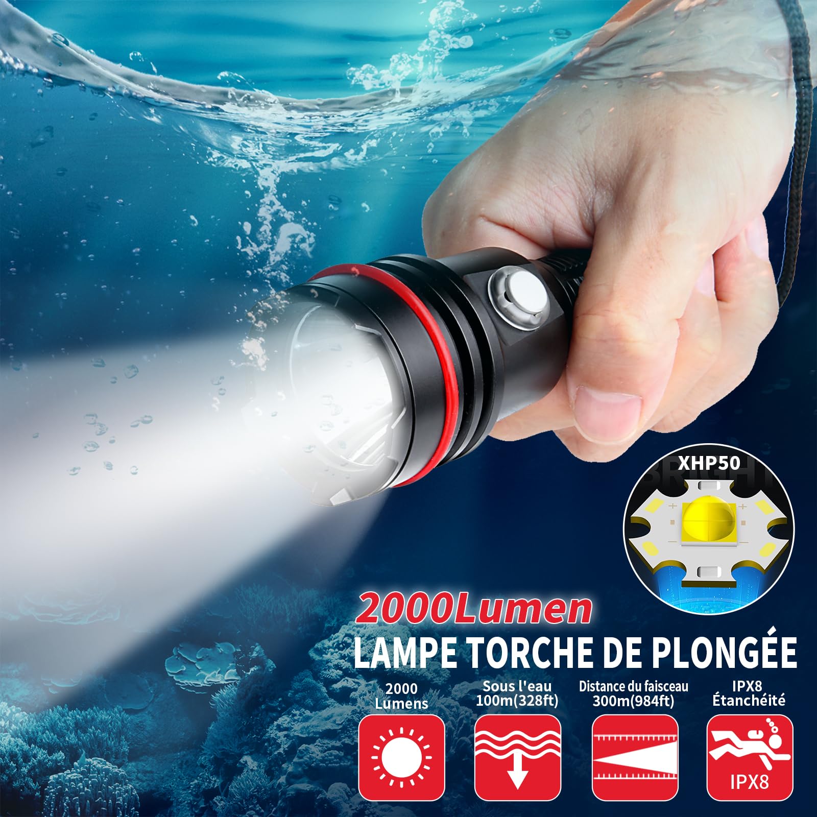 14S Lampe de Plongée 2000 Lumens - 6 Modes, Super Lumineuse, Rechargeable USB-C, Étanche IP68 (100m) pour Plongée Sous-Marine, de Nuit et Snorkeling