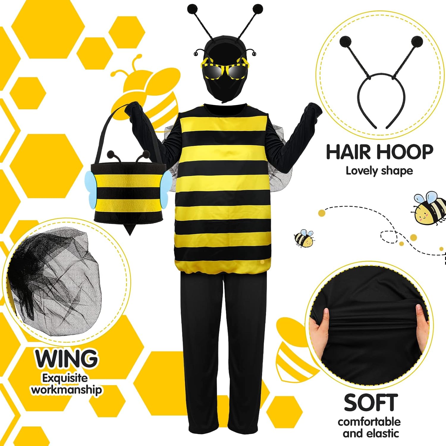 Haull 7 Pcs Adult Bee Costume Kit Men Bumble Outfit Bee Glasses Headband Basket Accessories Funny Halloween Cosplay Party