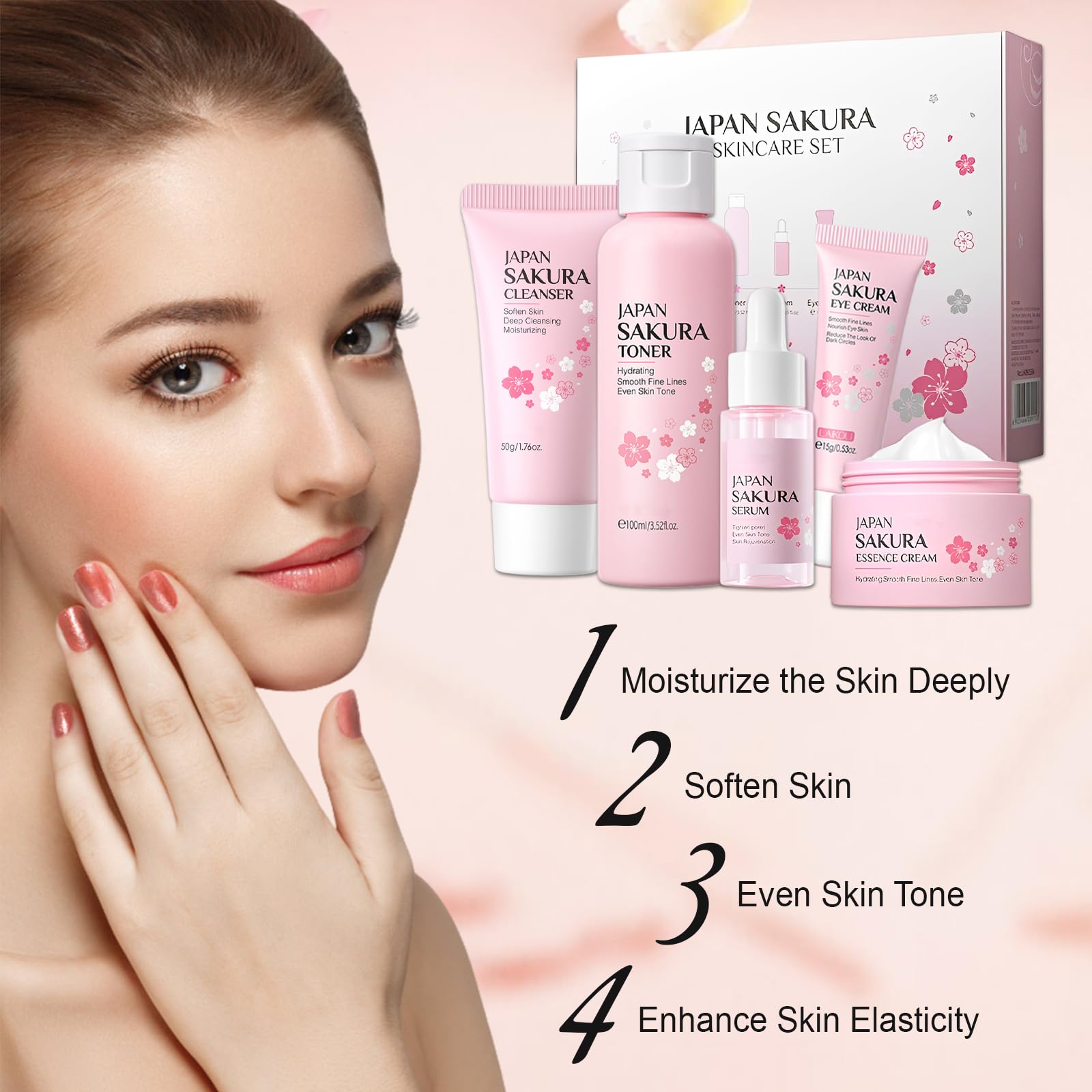 Sakura Ensemble de Soins du Visage 5 Pièces, Sakura Skin Care Set avec Nettoyant, Toner, Contour Yeux, Sérum, Crème
