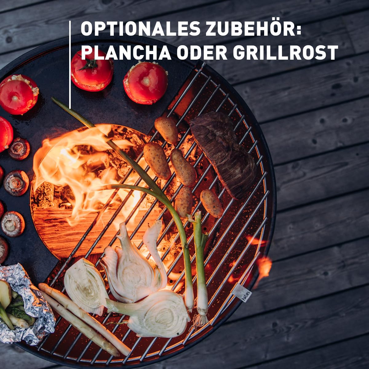höfats - Bowl 57 Feuerschale mit Edelstahl Sternfuß - raucharme Verbrennung - Feuerstelle mit Plancha Grillplatte und Grillrost nutzbar - kippbarer Feuerkorb Stahl emailliert, schwarz, Ø 57 cm