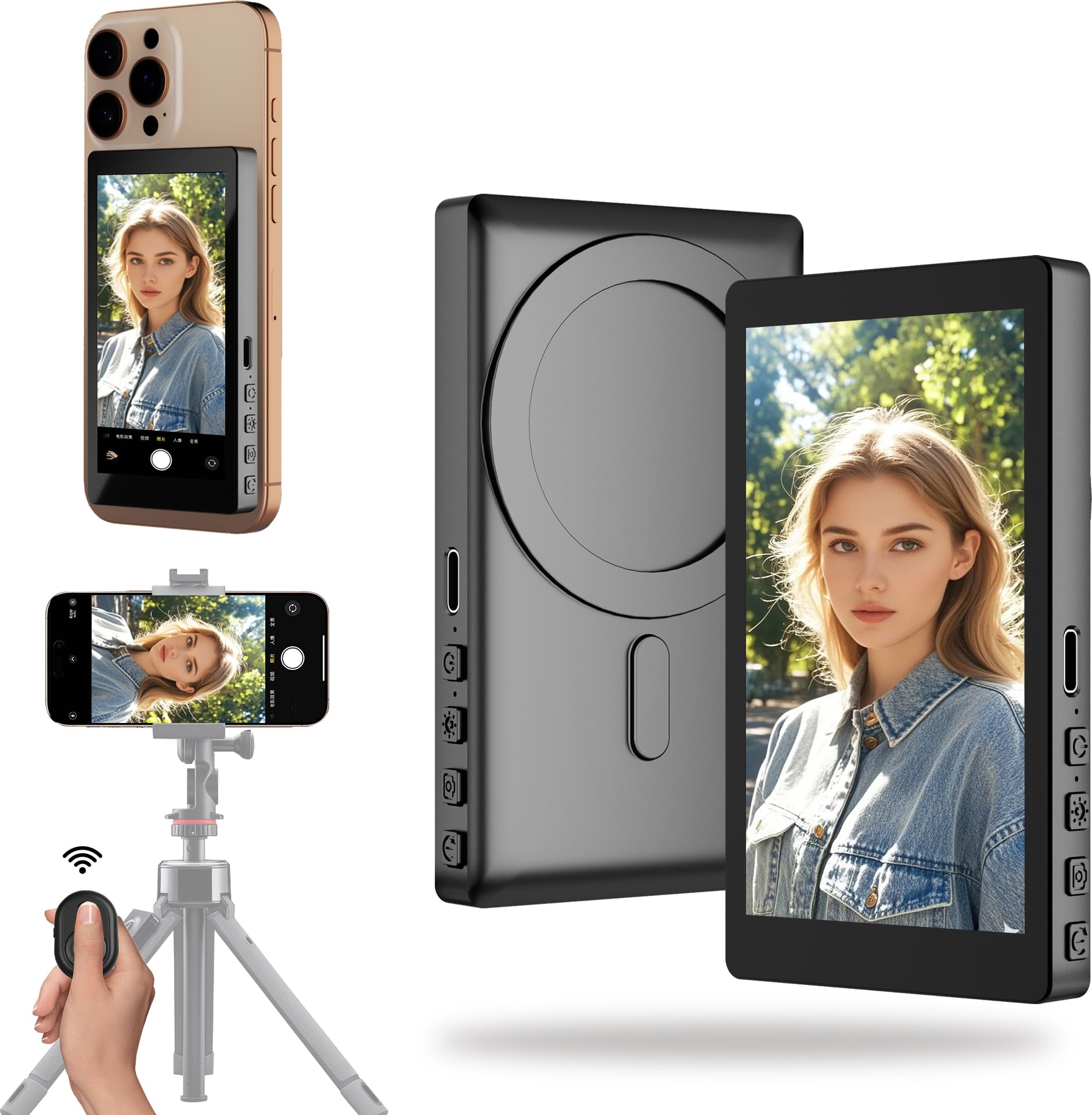 FLATIC Vlog Selfie Monitor Screen for iPhone Android 2000mAh Back Camera Monitor Phone with Bluetooth Remote Speaker 3-Level