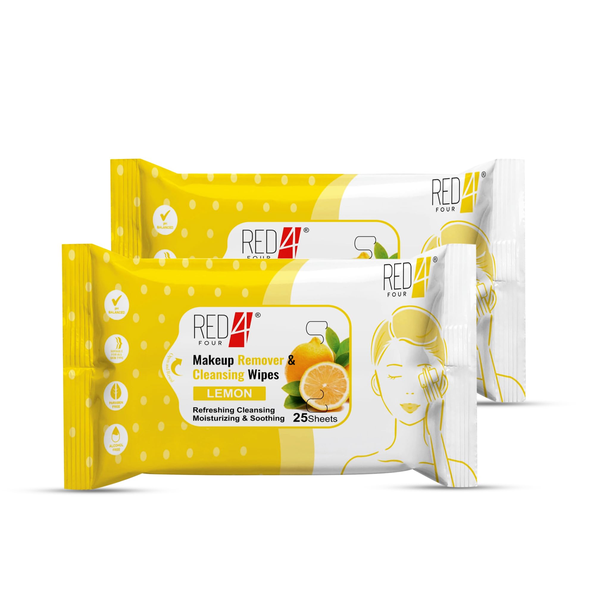 RED 4 Makeup Remover & Cleansing Wipes | pH Balanced | Paraben-Free | Alcohol-Free | 25 Sheets for Refreshing, Cleansing Moisturizing & Soothing Skin (Pack of 2, Lemon)-image-34