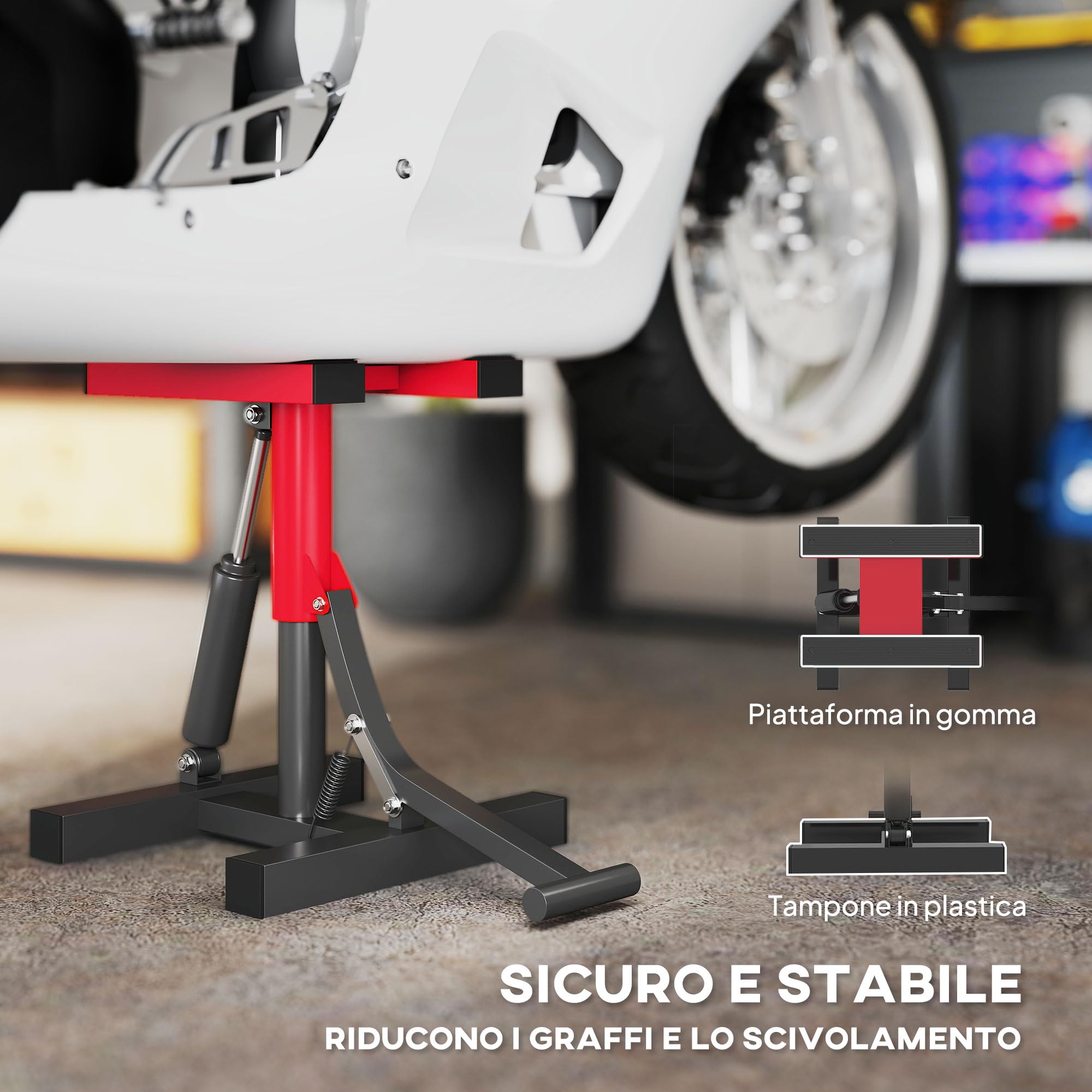 HOMCOM Sollevatore Moto in Acciaio Max 150kg, Cavalletto Alzamoto con Altezza Regolabile 29.5-41 cm e Piattaforma in Gomma Antiscivolo, 33x29x40.5cm, Rosso
