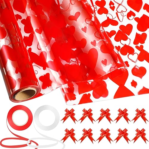 Chiisong - Rollos de celofán para el día de San Valentín, rollo de plástico transparente de 32 pulgadas x 100 pies, cesta de regalo, papel de