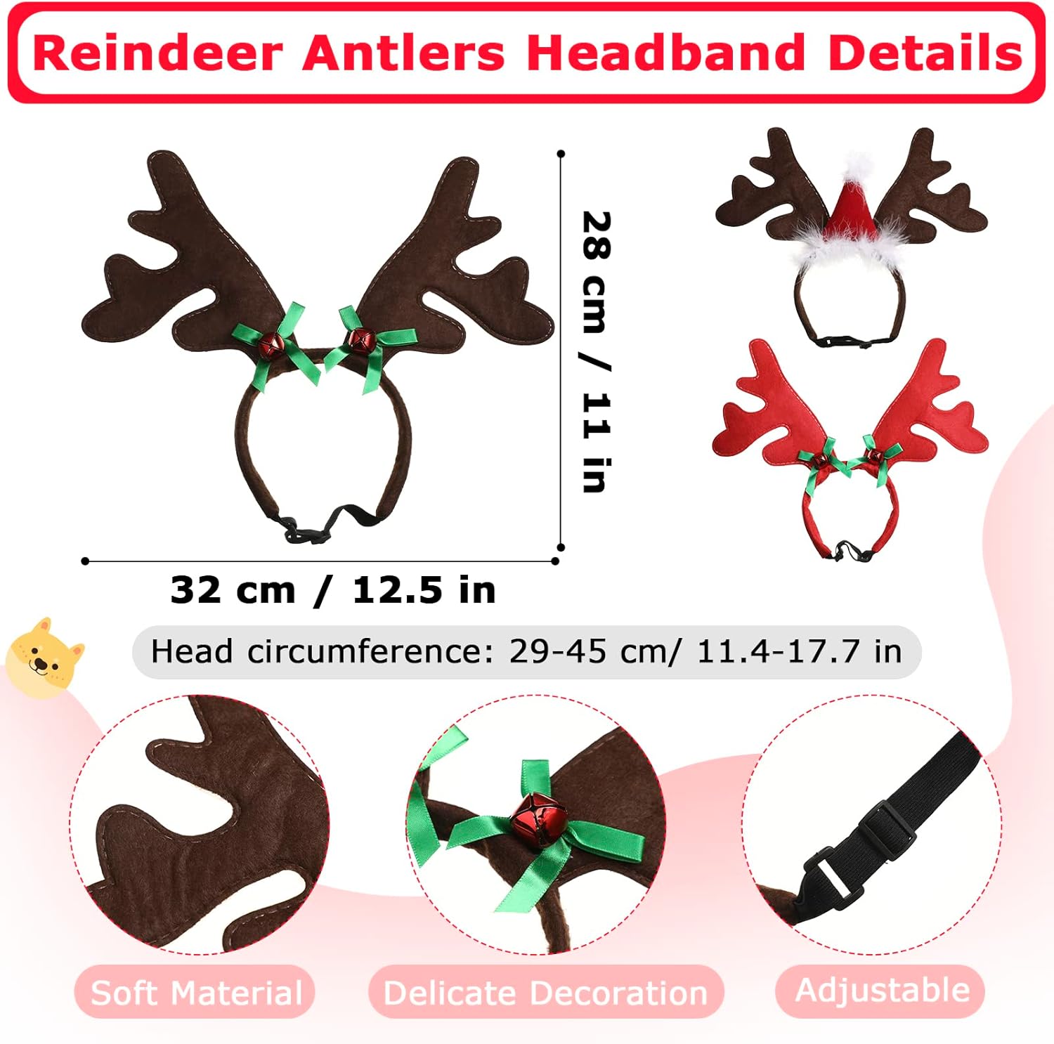 6 Pcs Christmas Dog Costume Set, 3 Dog Elk Reindeer Antlers Headbands and 3 Scarfs Xmas Pet Reindeer Costume Accessories