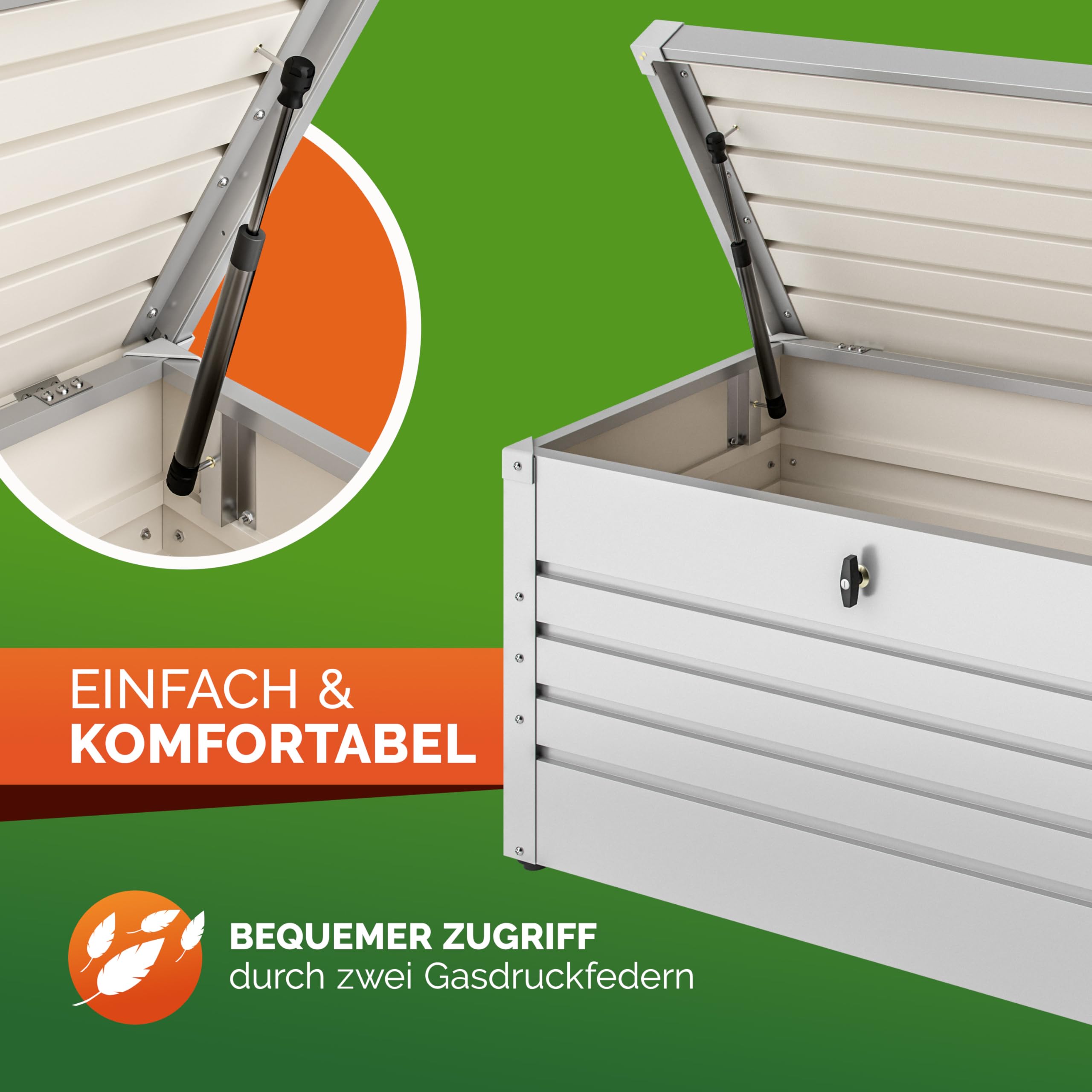 Gardebruk® Auflagenbox 385L Volumen Metall Abschließbar Gasdruckfeder 120x62cm Wetterfest Garten Balkon Keller Gartenbox Gartentruhe Weiß