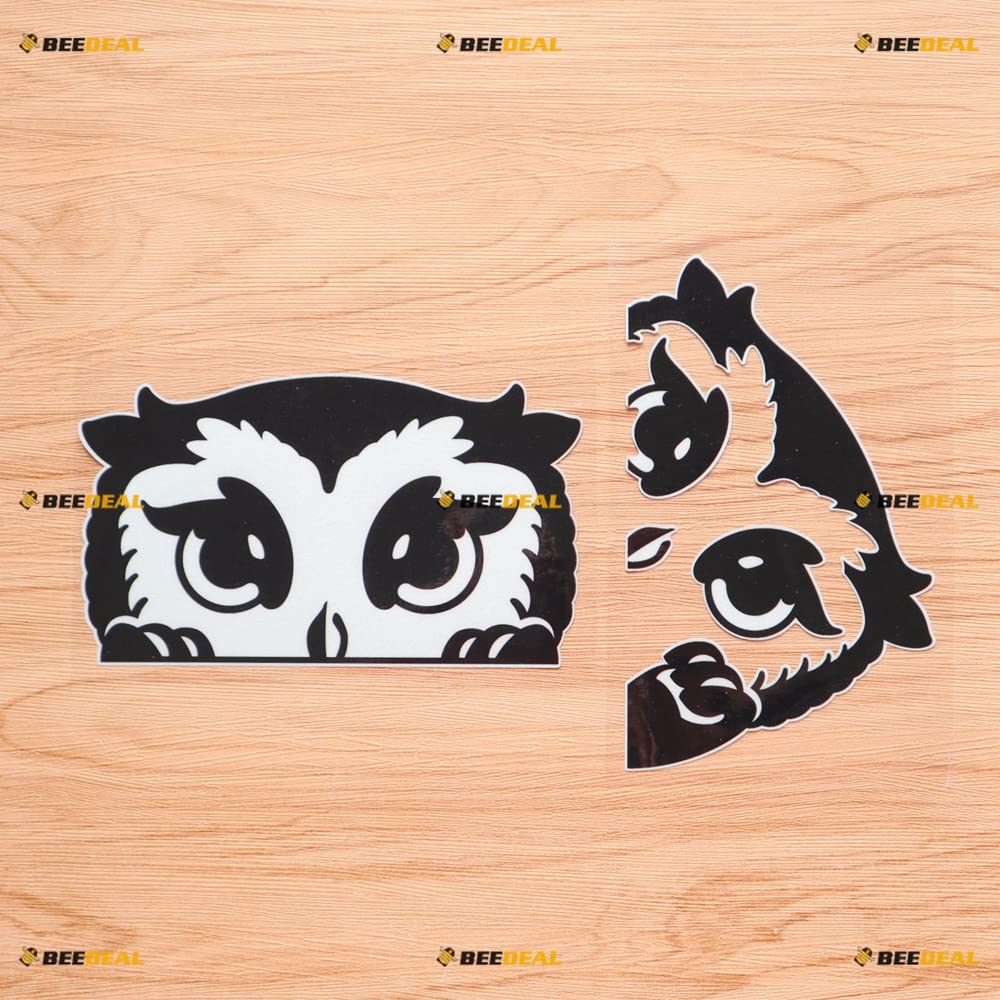 Cute Peeking Owl Black Car Rear Windshield Window Vinyl Decal Sticker - Set of 2 Reflective, 6 Inches - White Background