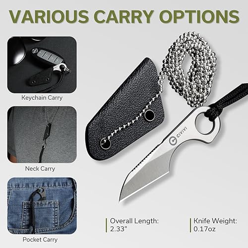 Miniatura 9 de CIVIVI Gramis Mini cuchillo de cuello de hoja fija para EDC, acero sueco 14C28N, con funda Kydex con cadena y cordón C23004-1