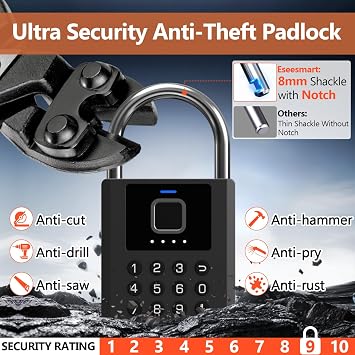Eseesmart Heavy Duty Fingerprint Padlock with Key, Smart Combination Gate Lock, High Security 8mm Shackle with Double Notch Outdoor Weatherproof for Gate Fence Shed Storage Unit Containers