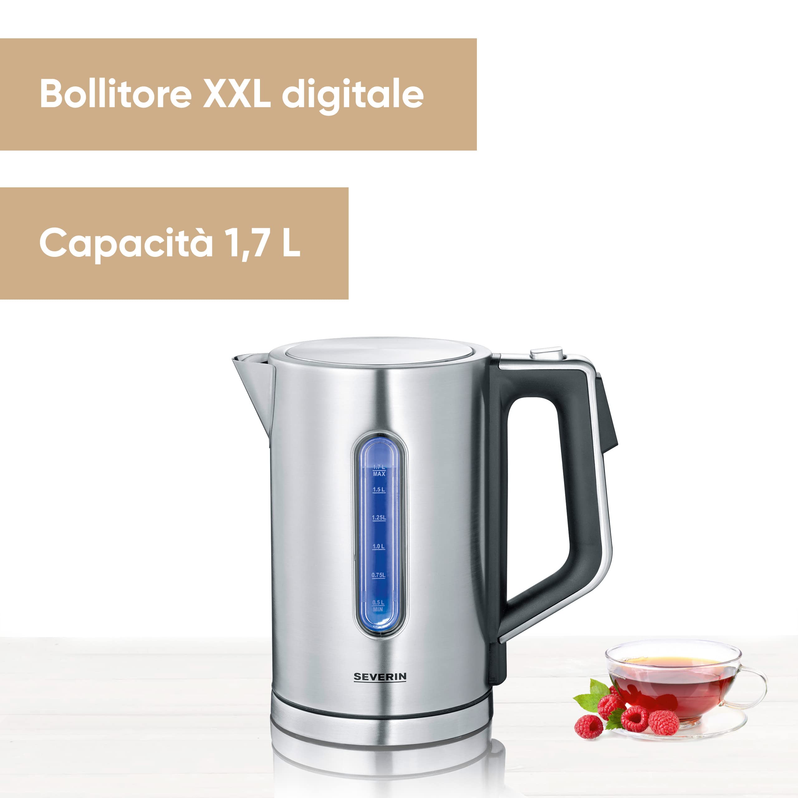 SEVERIN WK 3418 Bollitore per acqua XXL digitale 3000 W da 1,7 L, Teiera elettrica BPA Free con alimentazione Fast Boil, Bollitore elettrico con temperatura regolabile fino a 100°C