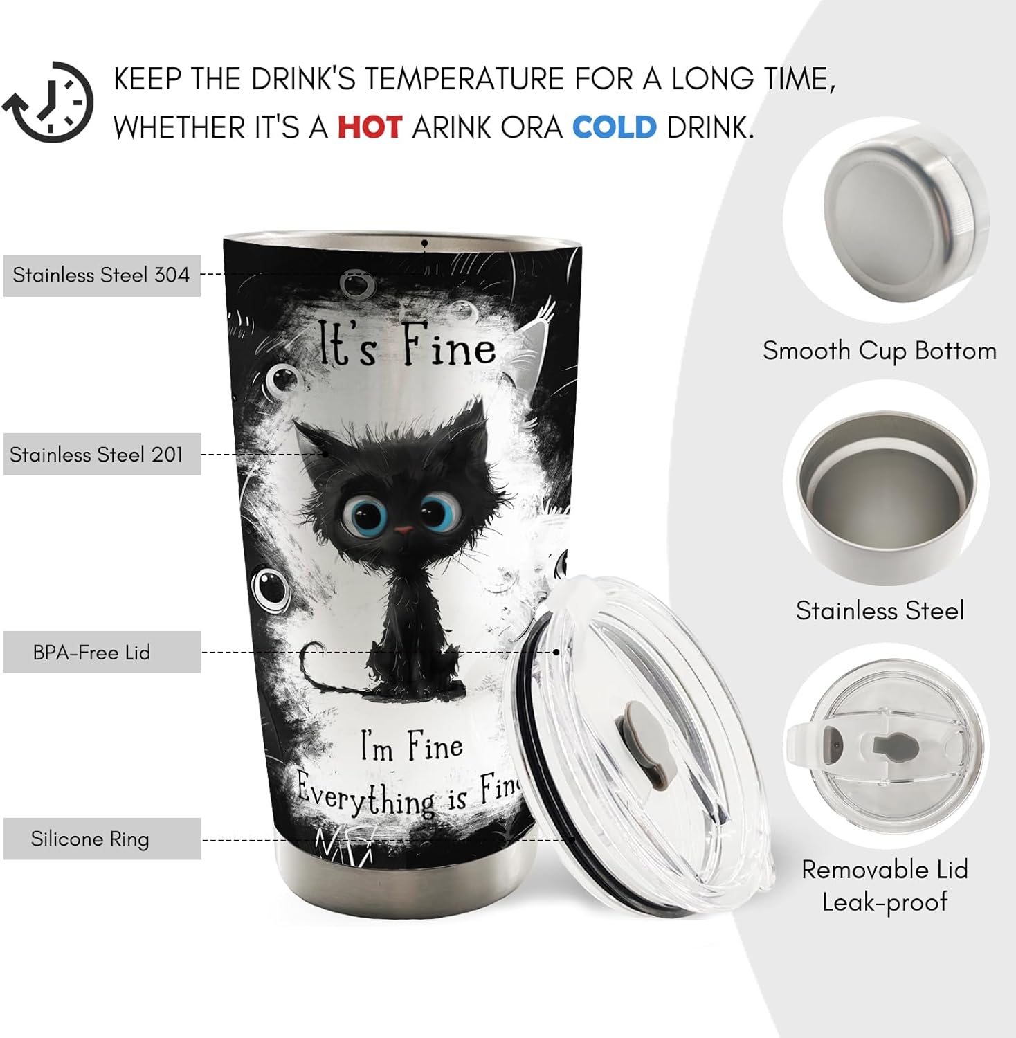 Cat Gifts for Cat Lovers, Funny Black Cats 20oz Travel Coffee Mug Tumbler, Im Fine Everythings Fine Stainless Steel Tumbler with Lid and Straw - Image 6