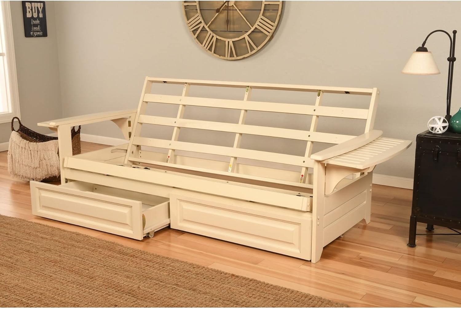 Futon Frame with Storage in Antique White Finish Traditional Wood