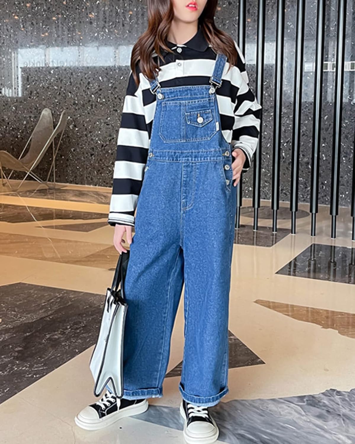 Girls Denim Dungarees Casual Denim Jeans Bib Overalls Jumpsuits with Pockets for Spring & Autumn