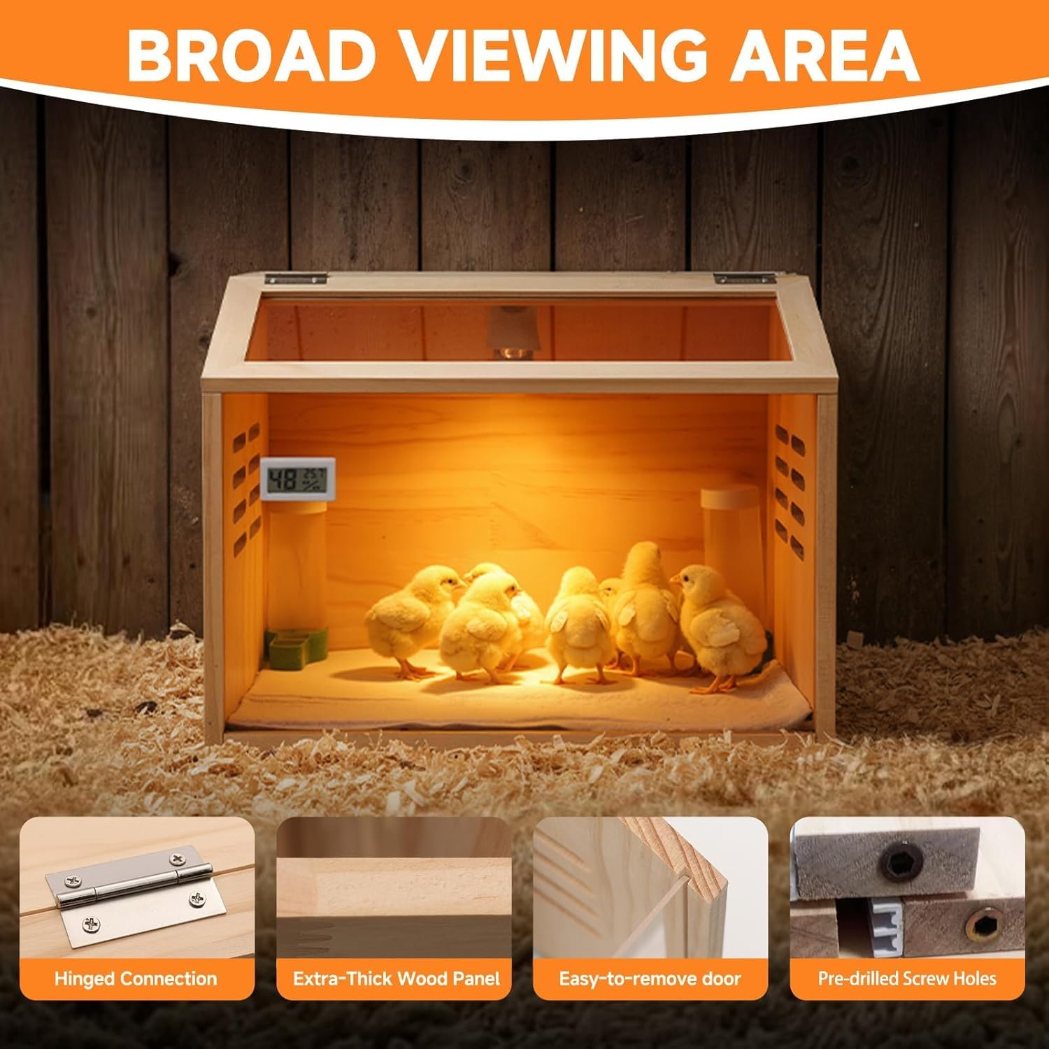 Brooder Box for Chicks Thick Wooden Chicken Brooder Box with Pre-Drilled Holes, Heating Lamp & Thermometer Included, Suitable for Chicks, Ducks, Quails, Hamsters & Small Animals 15.7 x 12 x 12 in