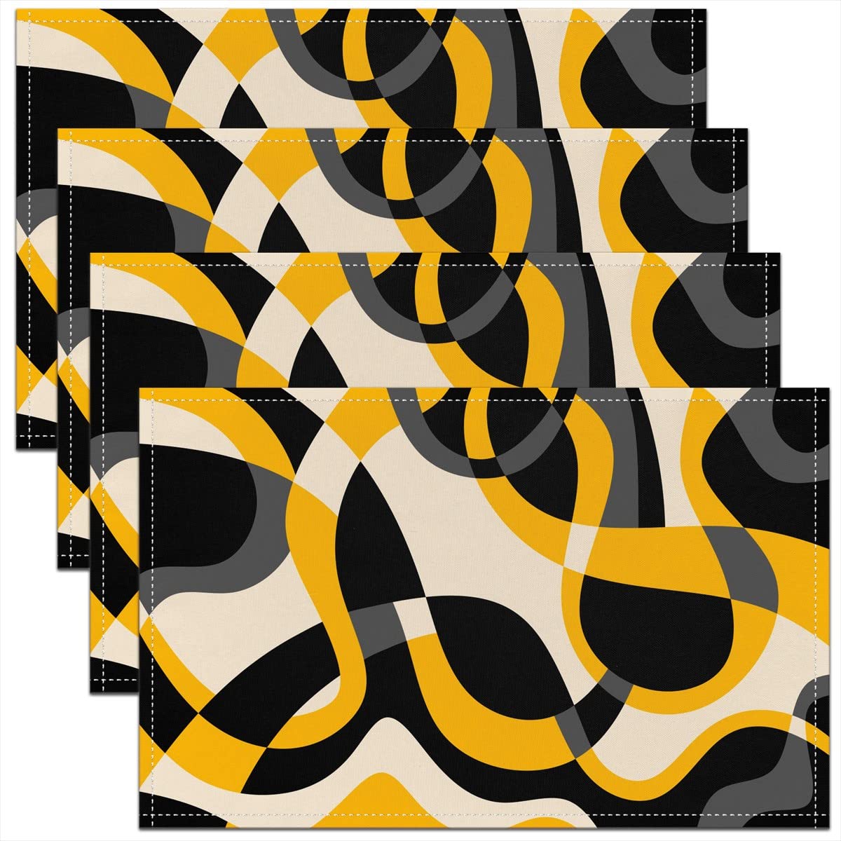 Strip Lines Table Mats 45x30cm - Vintage Washable Fabric Placemats - Abstract Art Yellow - Kitchen & Dining Table