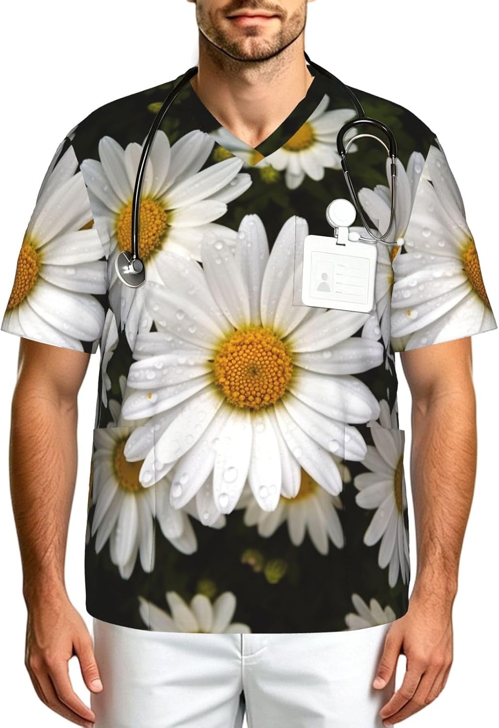 Professional Scrub Tops for Men, Classic V-Neck Workwear with 3 Pockets