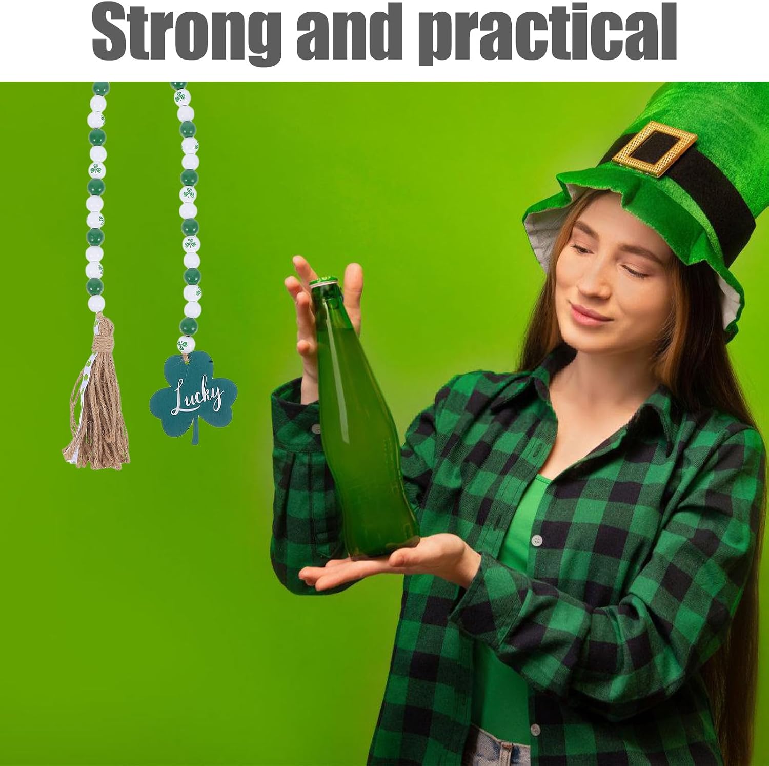 Cabilock St Patrick's Day Decoration Wood Beads Garland with Tassels Farmhouse Shamrock Decor Pendant Boho Beads for Home Decor,Wall Hanging Decoration (White Green)