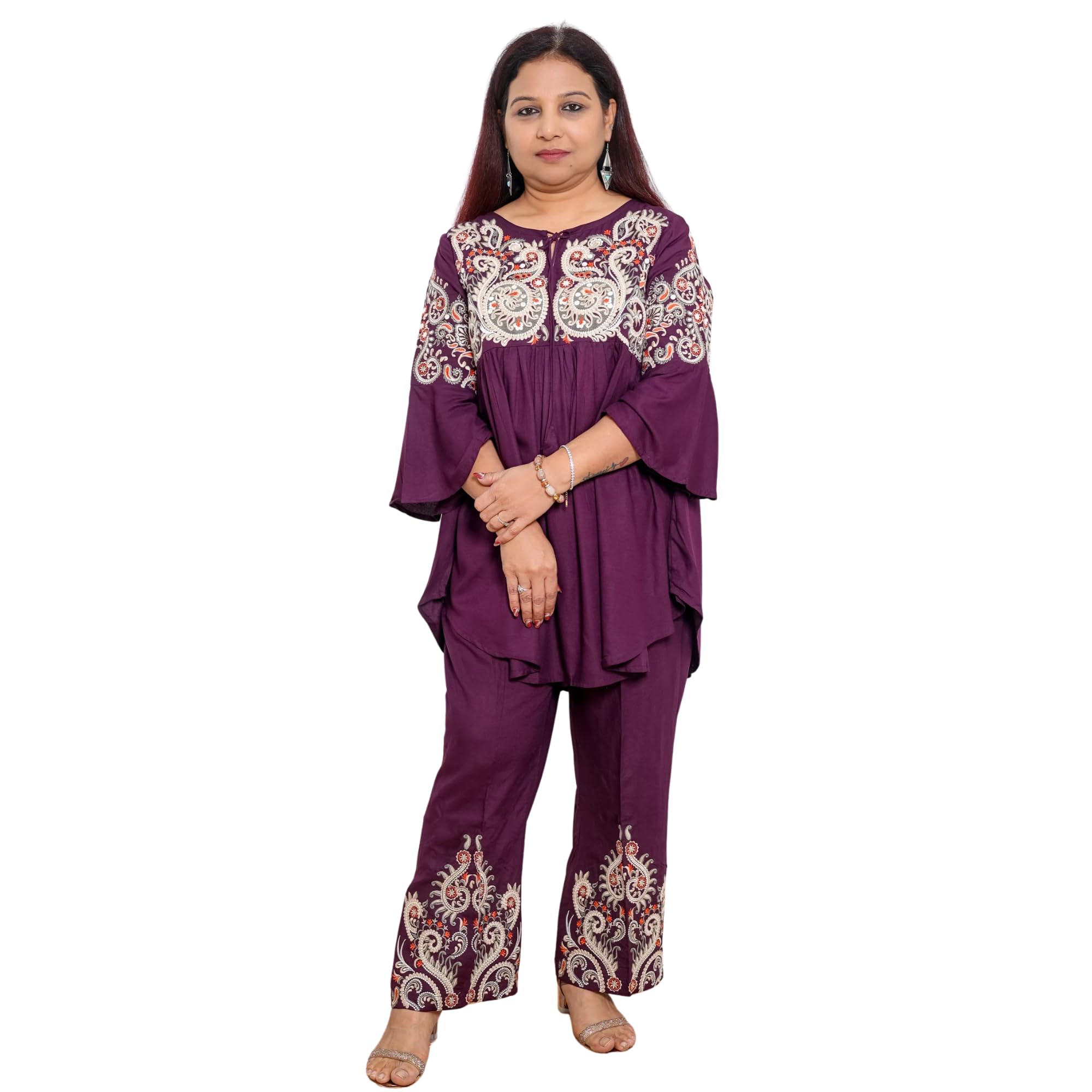 Wine colour Coord Set embroidery on top and bottom-picture-39