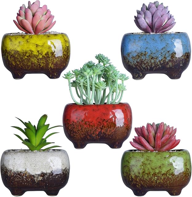 ARTKETTY Succulent Plant Pots - 12 CM Ceramic Cactus Plant Pots with Drainage Hole Small Flower Plant Pots for Indoor/Outdoor Pack of 5
