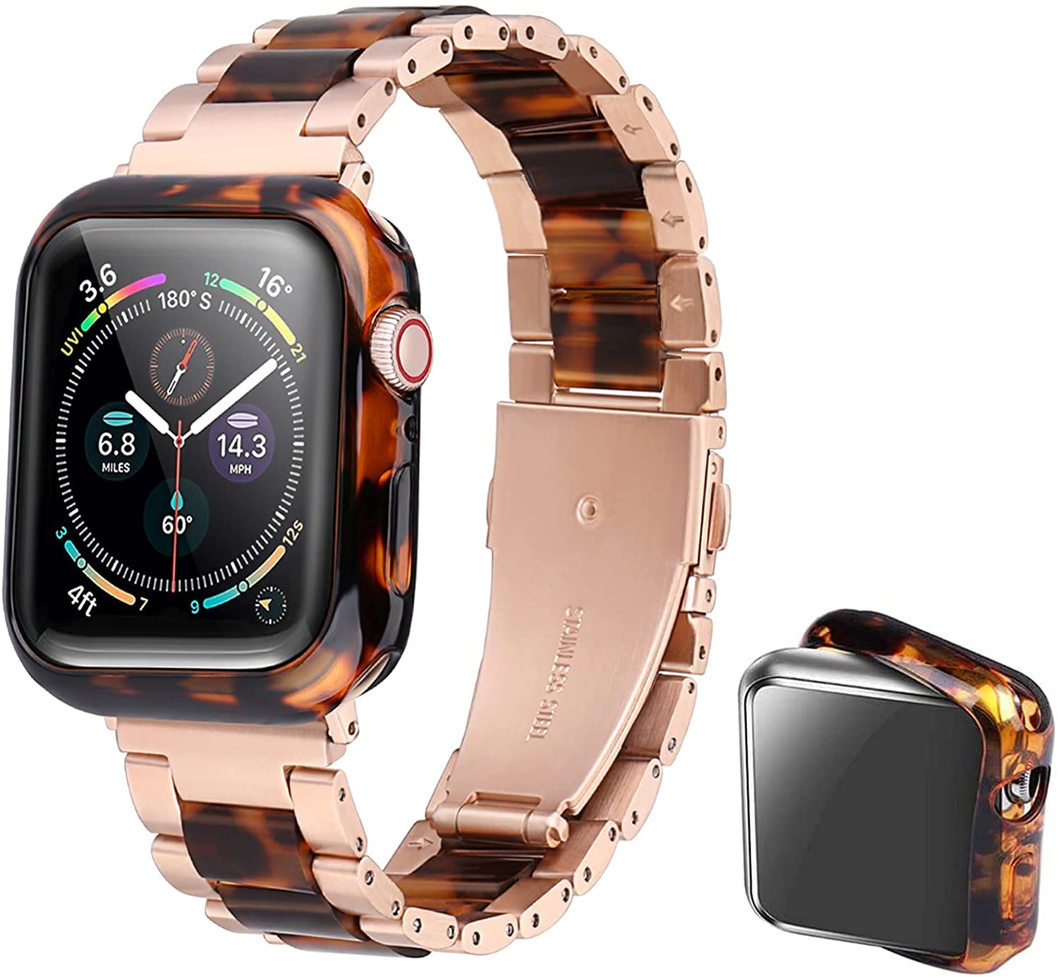 Omter Band with Case Compatible with Apple Watch 46mm 45mm 44mm 42mm 41mm 40mm 38mm,Women Men Stainless steel Resin Strap Bumper for iWatch Series 11/